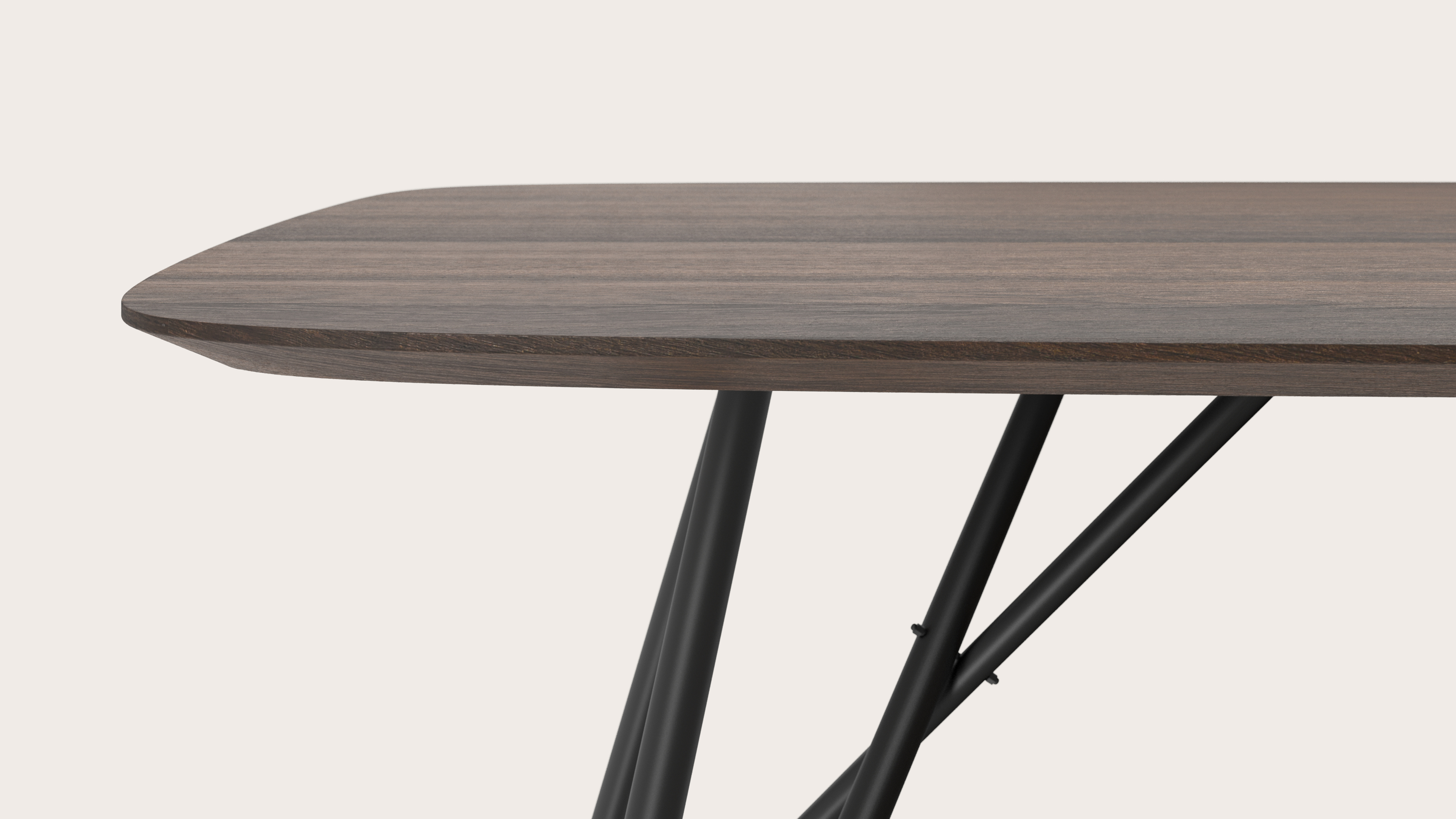 Table de salle à manger Ragno armature en métal noir avec plateau Finesso forme arrondie en chêne fumé 220 x 105 x 77 cm