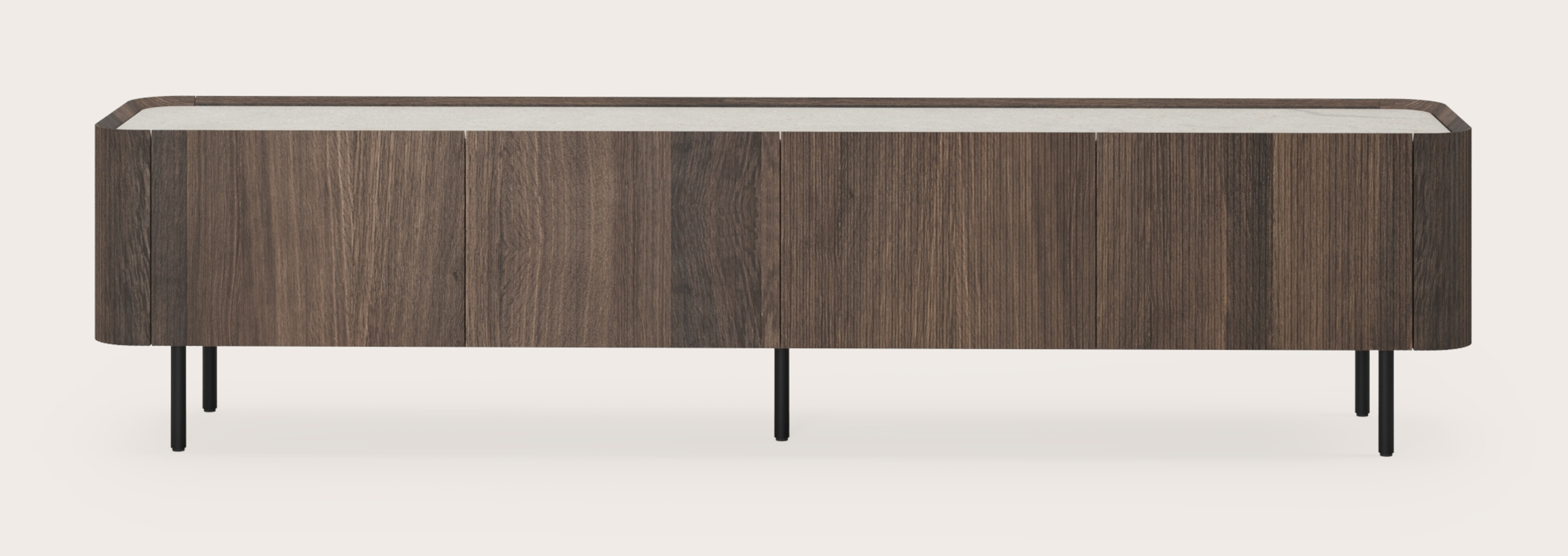 Grivato tv-meubel in gerookte eik met ronde poten met volkeramisch Ceramo blad in kleur Shilin 219 x 45 cm