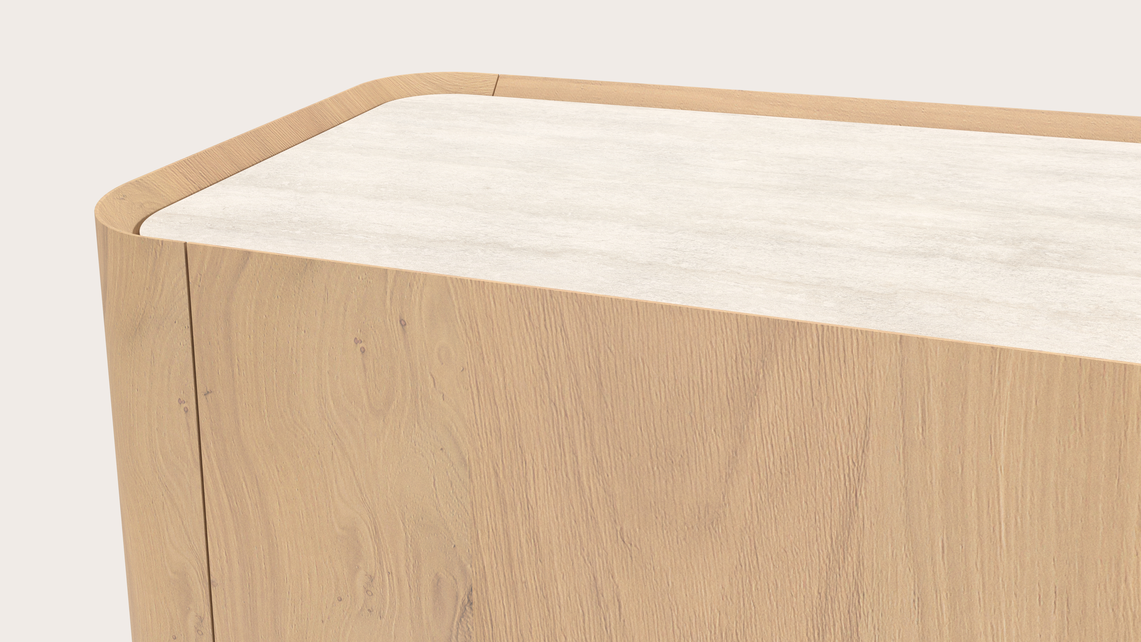 Buffet haut Curvato en chêne couleur naturelle avec pieds ronds en bois avec plateau Ceramo en céramique en couleur Travertino Bianco 169 x 45 x 102 cm