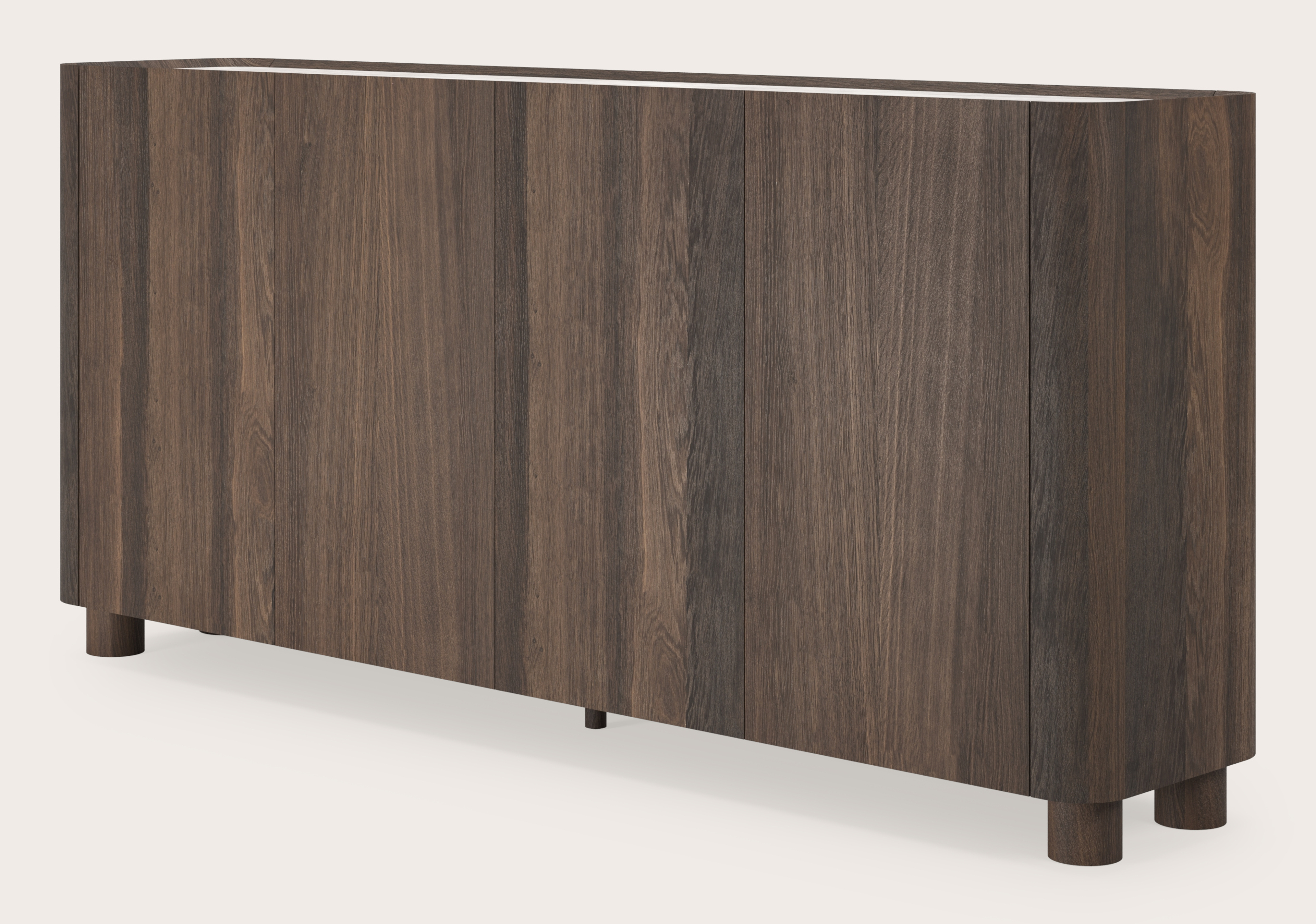 Curvato hoge dressoir in gerookte eik met ronde houten poten met volkeramisch Ceramo blad in kleur Taj Mahal 219 x 45 x 102 cm