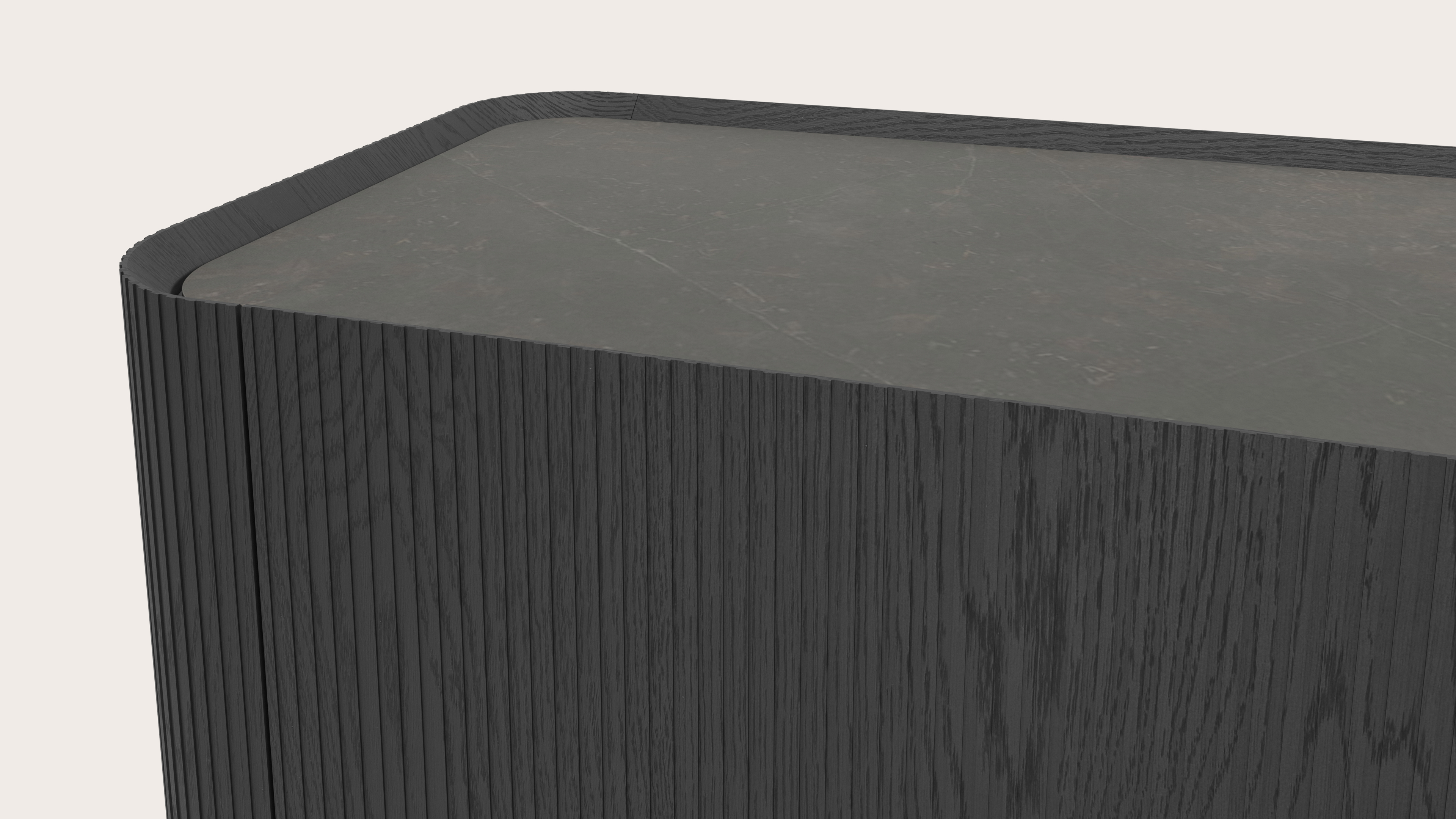 Grivato dressoir in zwarte eik met ronde poten met volkeramisch Ceramo blad in kleur Calatorao 203 x 45 cm