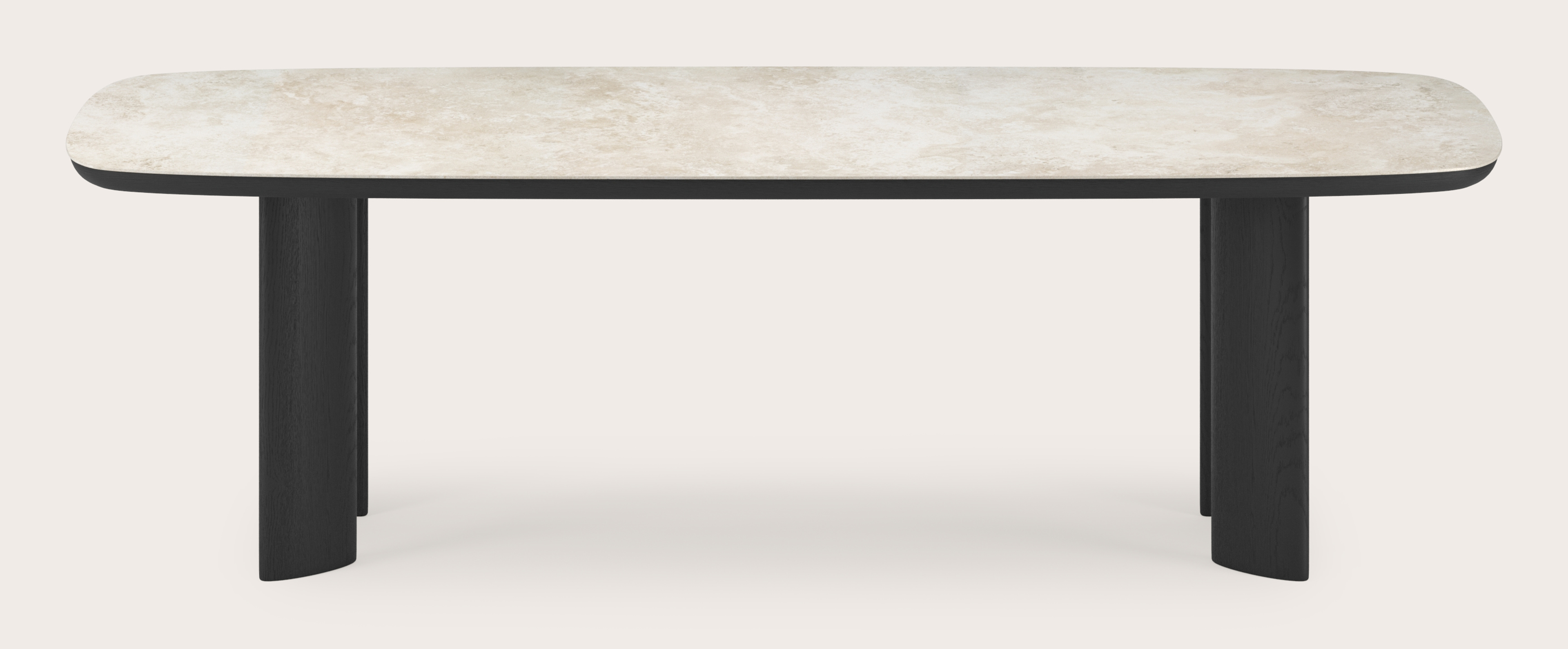Eettafel Amato Ellipso onderstel in zwarte eik met bootvormig volkeramisch Ceramo blad in kleur Rapolano 260 x 110 x 76 cm
