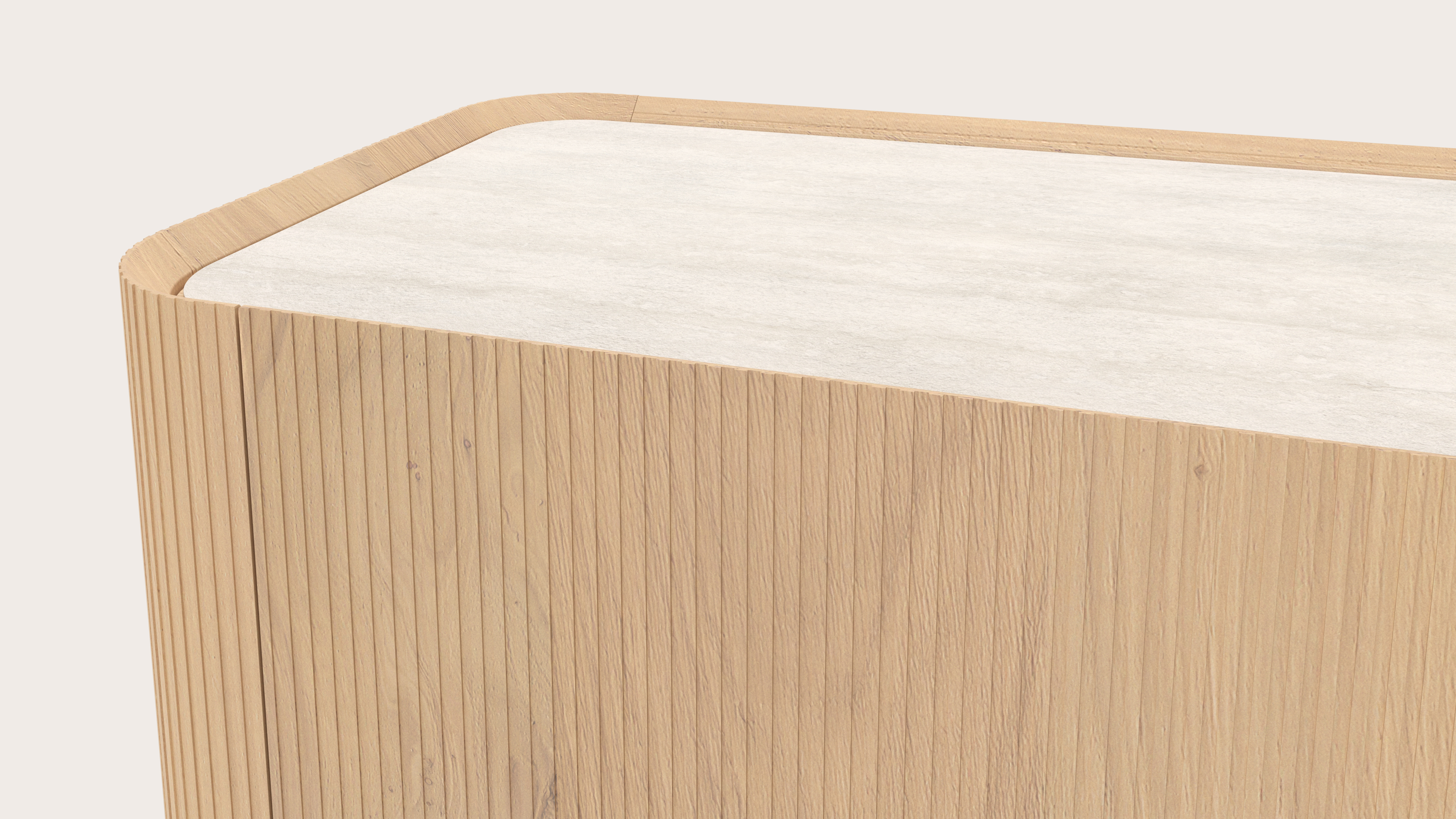 Grivato tv-meubel in natuurkleurige eik met ronde poten met volkeramisch Ceramo blad in kleur Travertino Bianco 169 x 45 cm