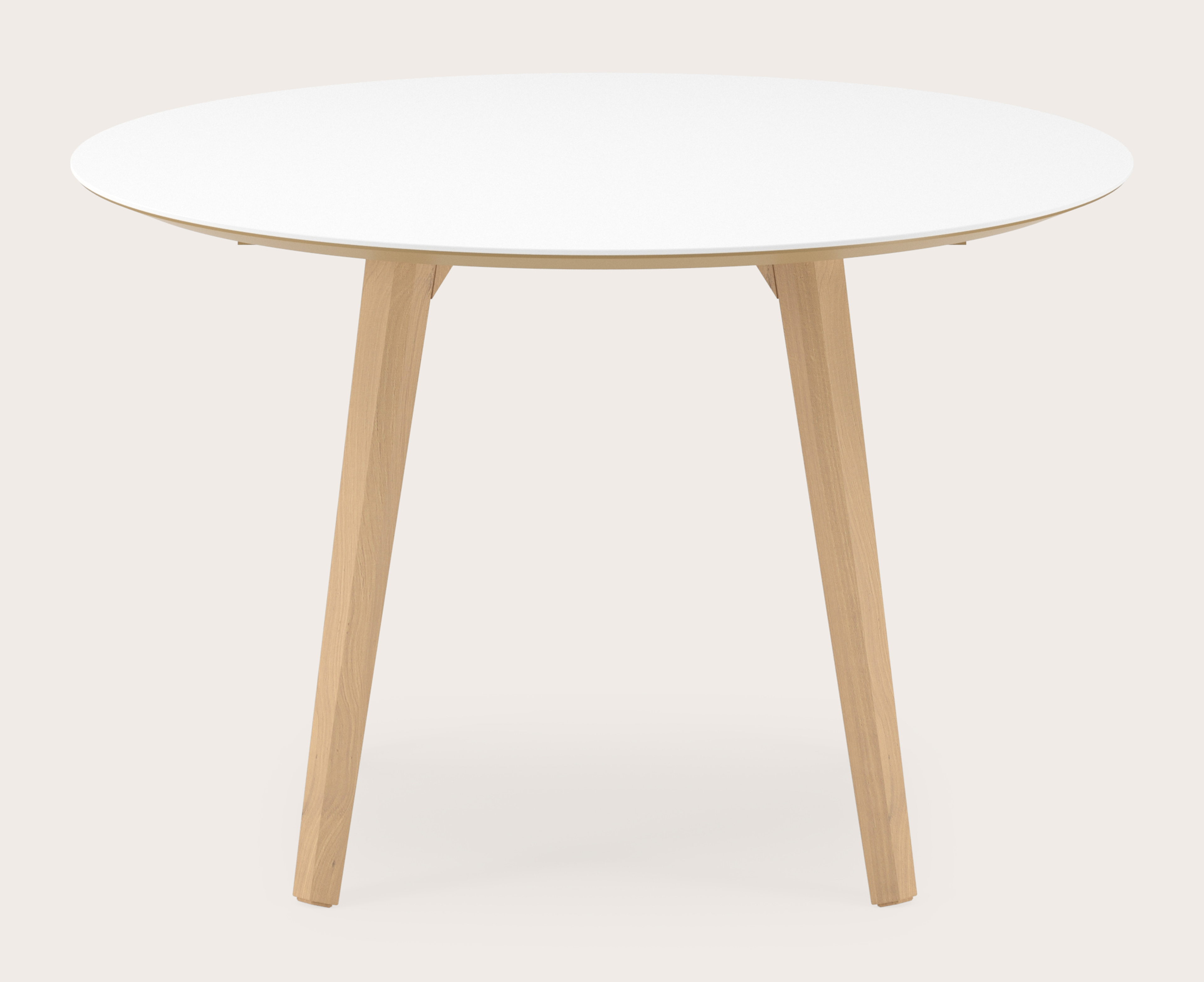 Eettafel Clino onderstel in natuurkleurige eik met rond volkeramisch Ceramo blad in kleur Arctic White Ø120 x 77 cm