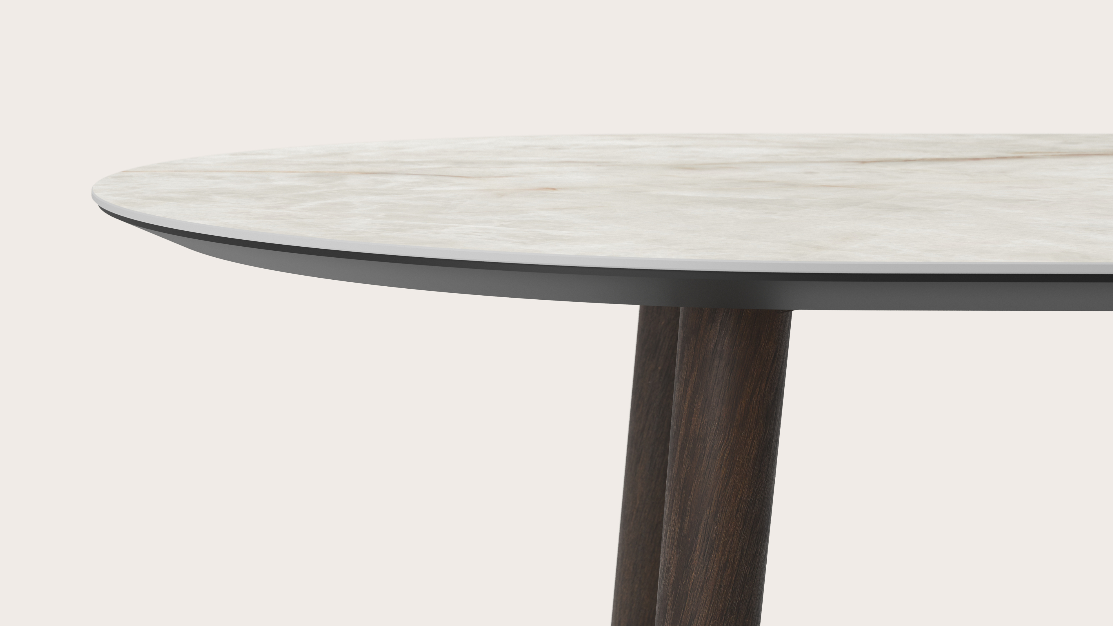 Eettafel Conico onderstel in gerookte eik met plat ovaal volkeramisch Ceramo blad in kleur Himalaya 220 x 110 x 77 cm