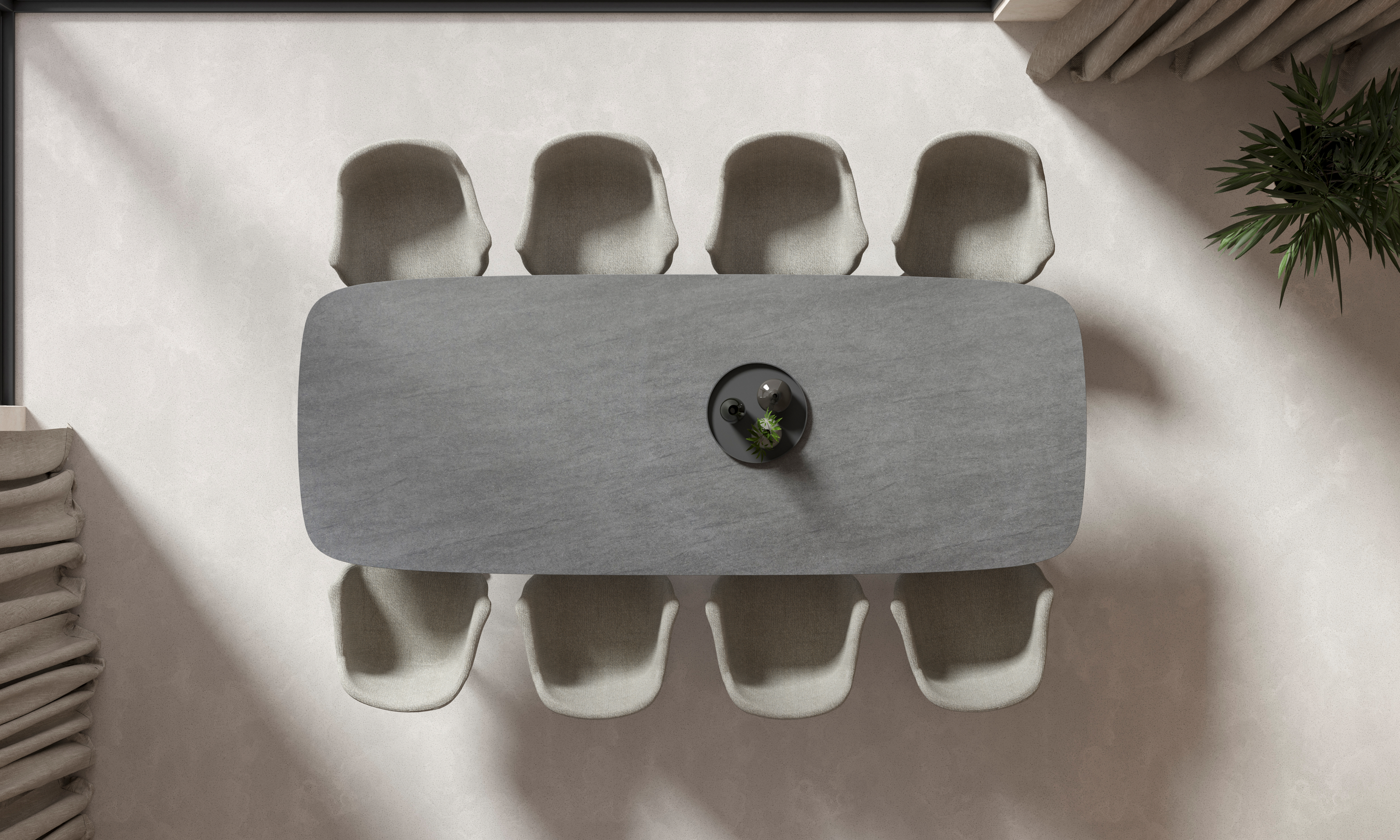 Eettafel Clino onderstel in zwarte eik met bootvormig volkeramisch Ceramo blad in kleur grey_black x x cm