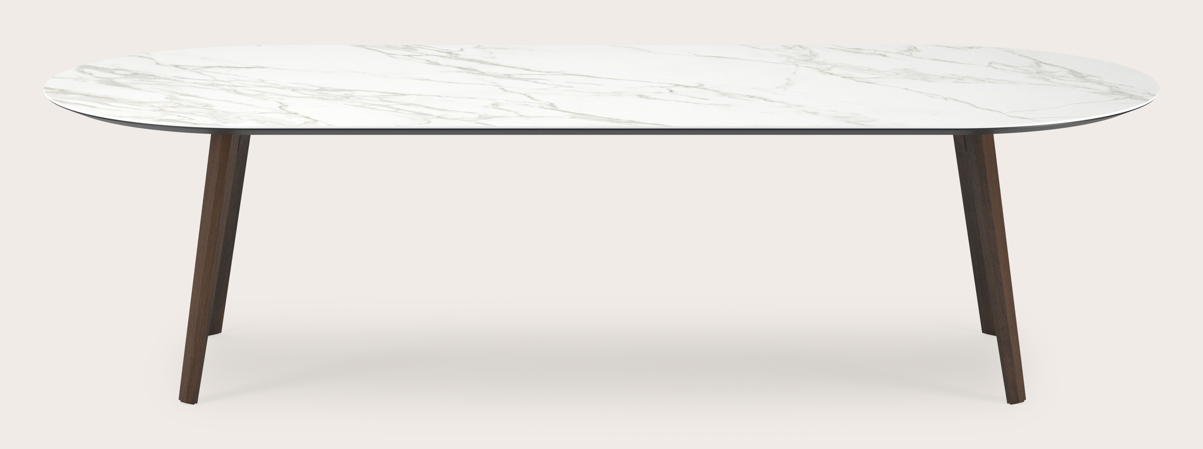 Eettafel Clino onderstel in gerookte eik met plat ovaal volkeramisch Ceramo blad in kleur Calacatta 300 x 120 x 77 cm