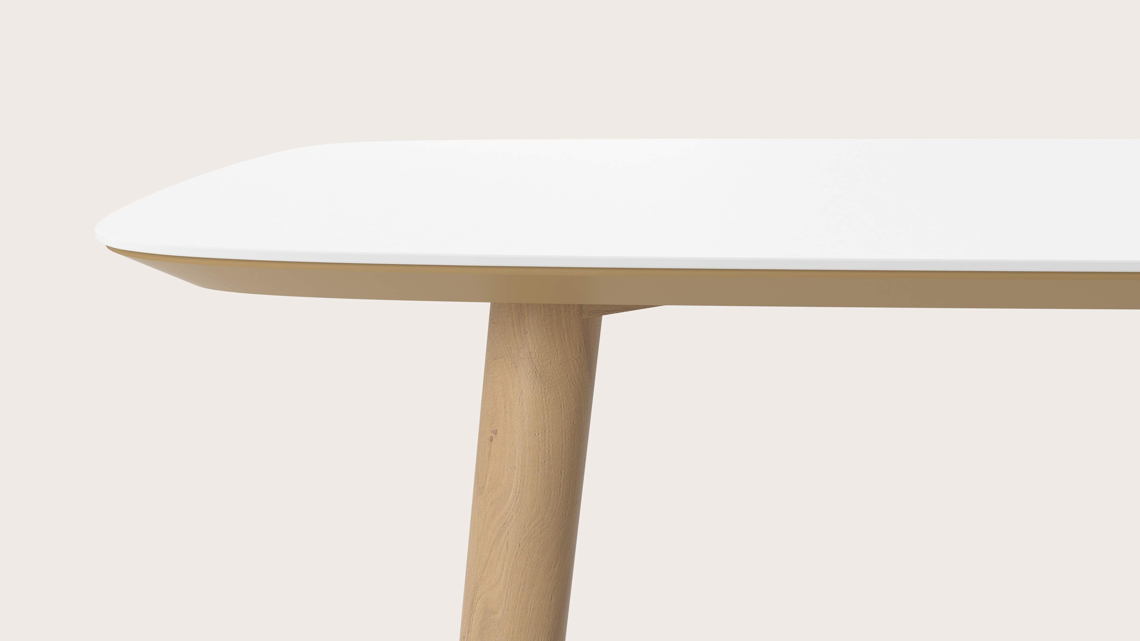 Eettafel Conico onderstel in natuurkleurige eik met bootvormig volkeramisch Ceramo blad in kleur Arctic White 220 x 105 x 77 cm