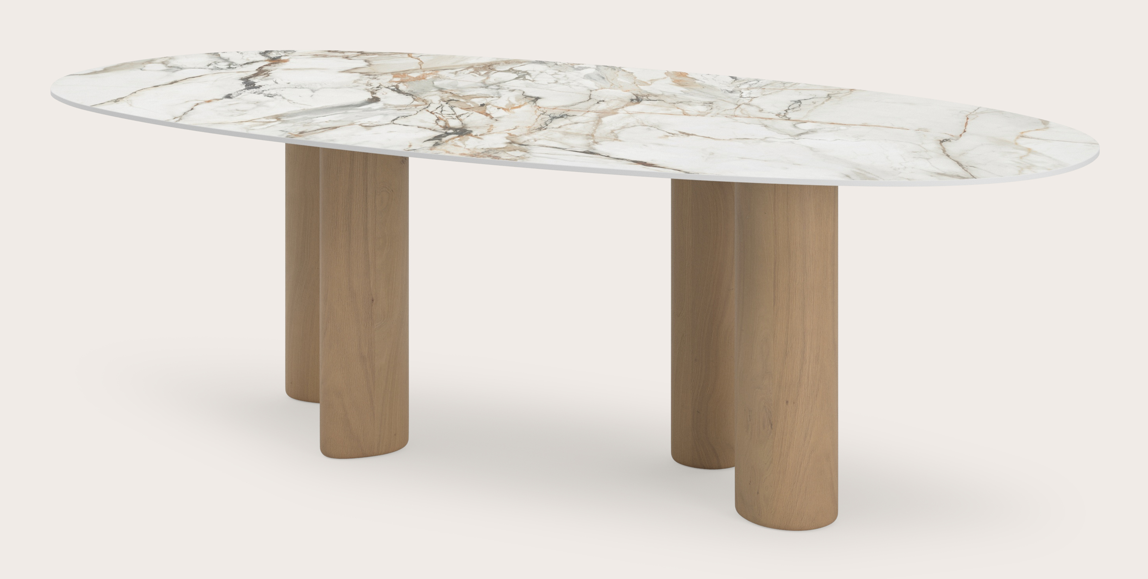 Table à manger Volanto armature en chêne naturel avec plateau ovale organique céramique Ceramo Lux en couleur Calacatta Luxe 260x130 cm