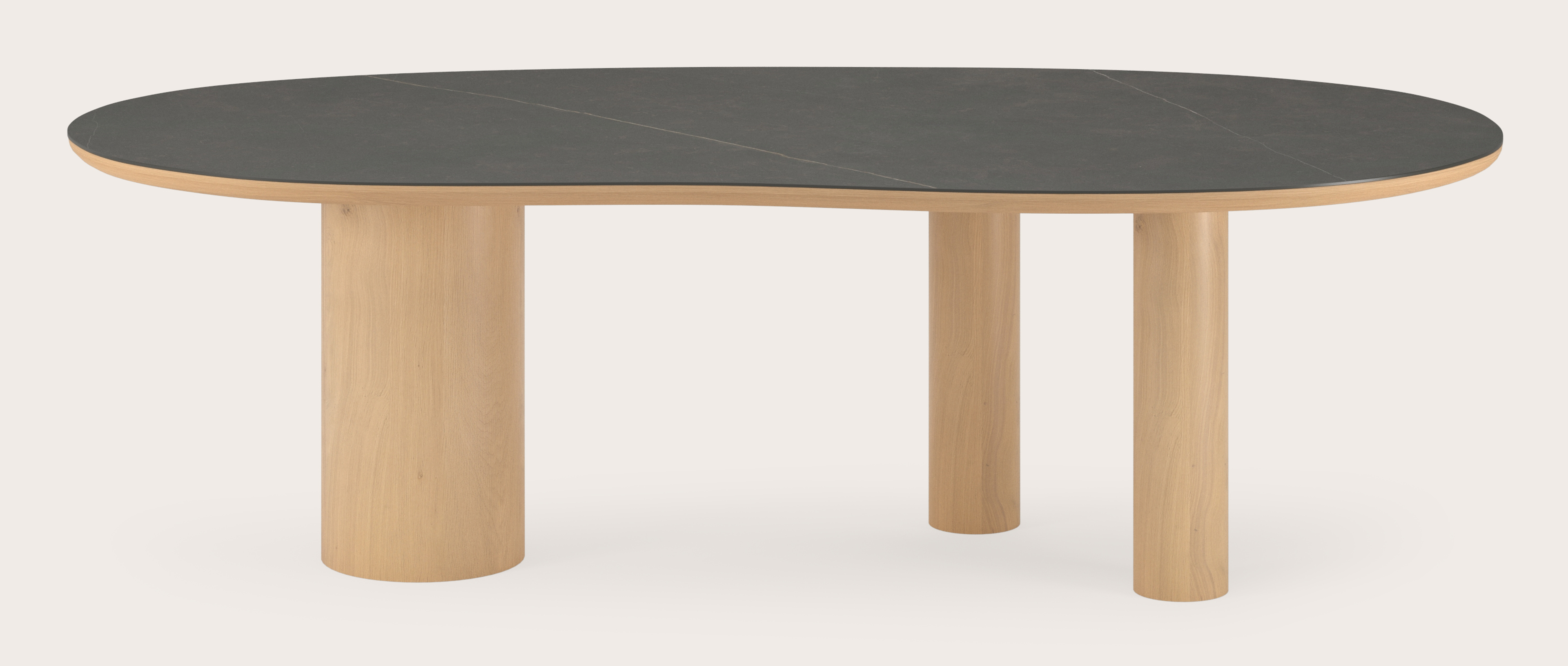 Eettafel Amato Rondo onderstel in natuurkleurige eik met Blobvormig volkeramisch Ceramo blad in kleur Calatorao 260 x 117 x 77 cm