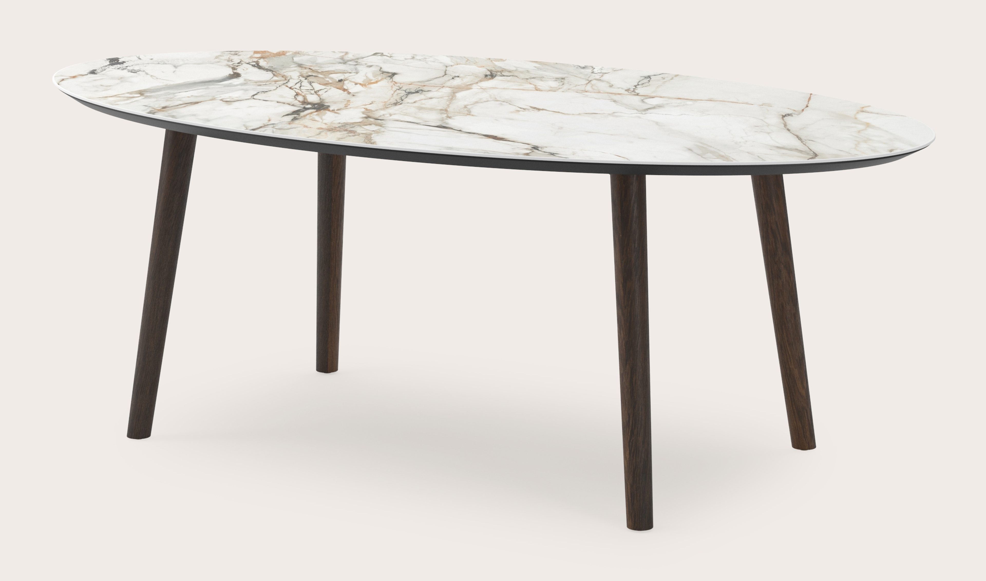 Eettafel Conico onderstel in gerookte eik met ovaal volkeramisch Ceramo blad in kleur Calacatta Luxe 220 x 120 x 77 cm