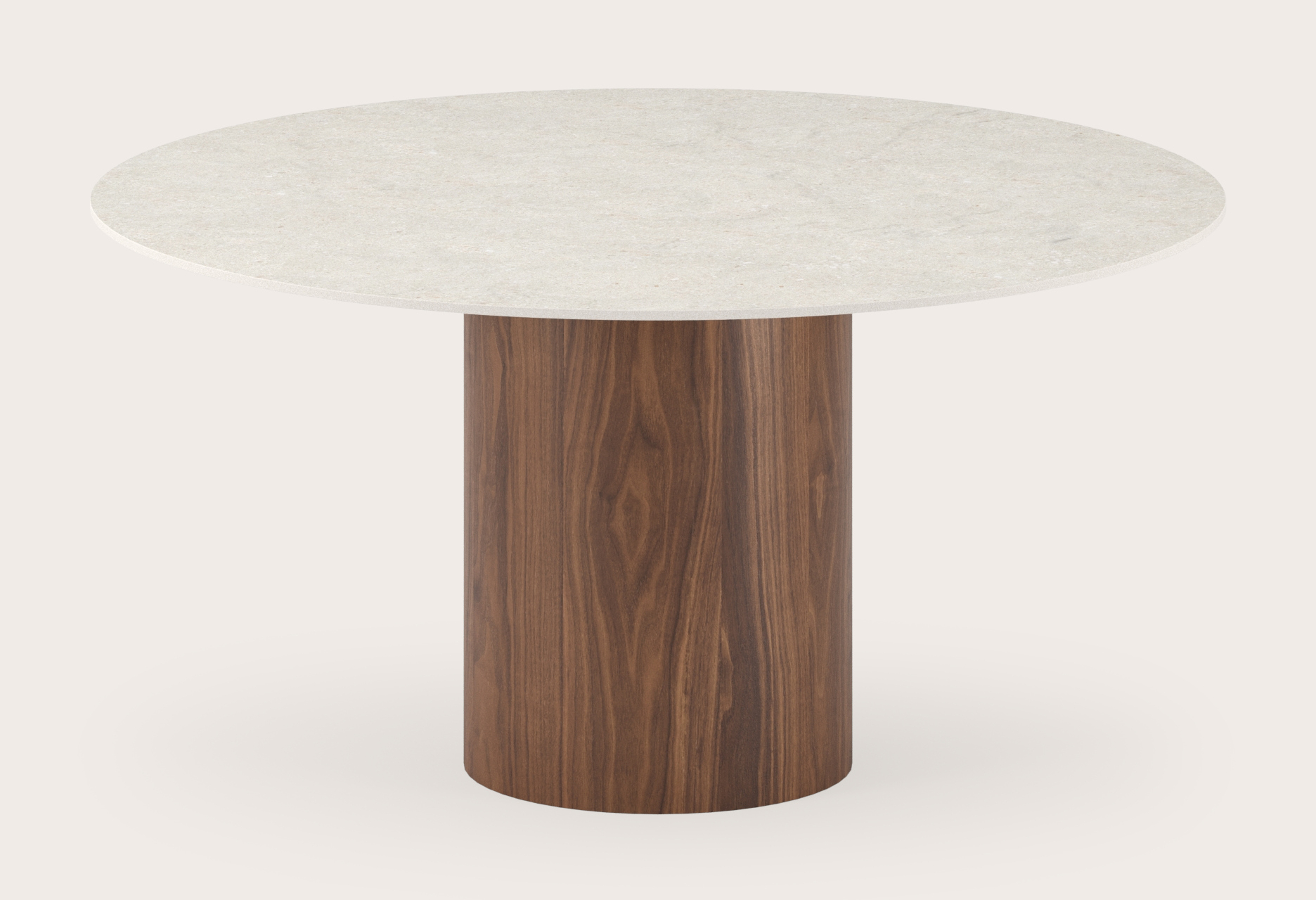 Eettafel low dining Amato Rondo onderstel in walnoot met rond volkeramisch Ceramo Lux blad in kleur Shilin Ø140 x 69 cm