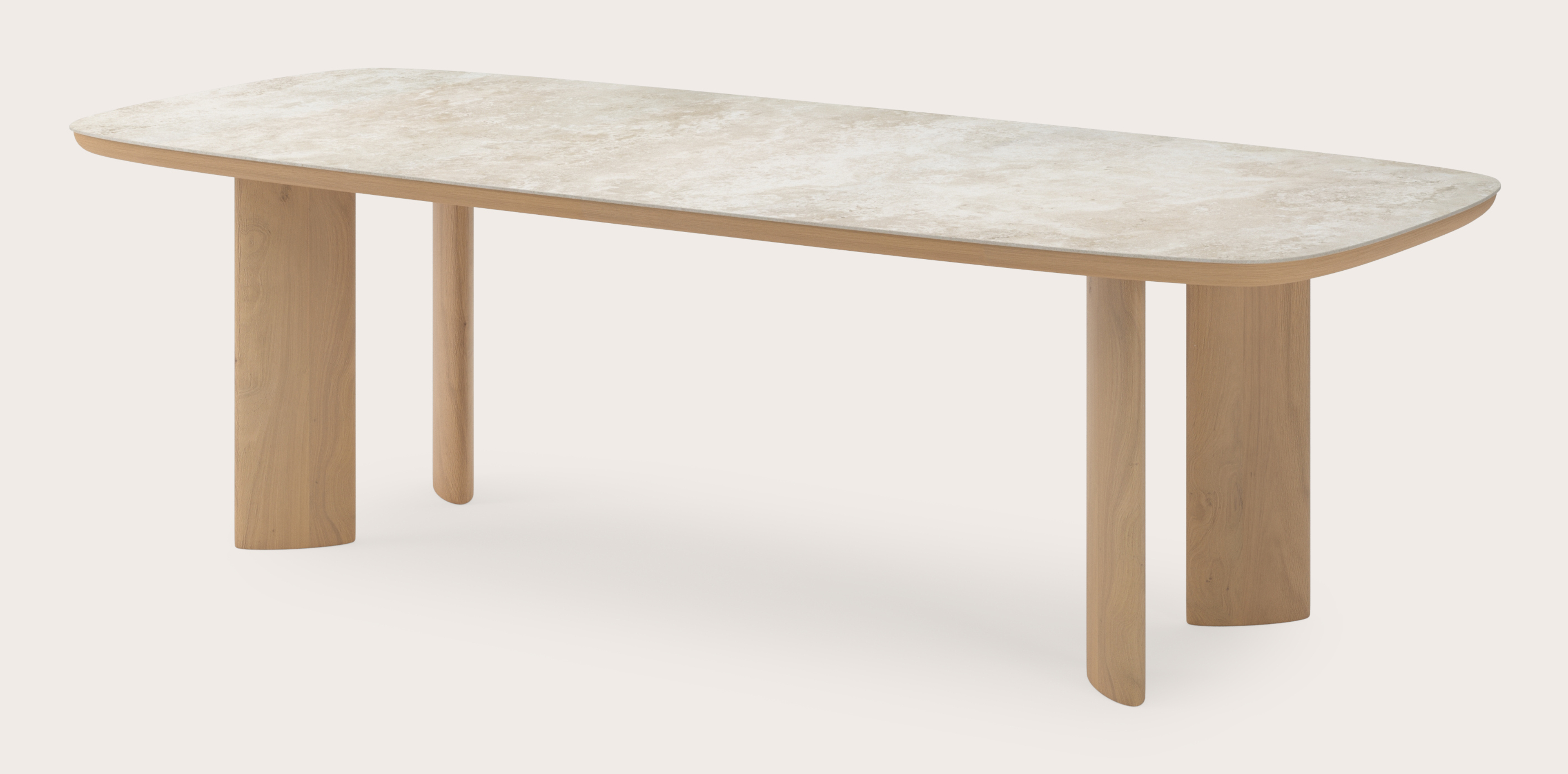 Table de salle à manger Amato Ellipso armature en chêne couleur naturelleavec plateau Ceramo forme arrondie en céramique en couleur Rapolano 260 x 110 x 76 cm