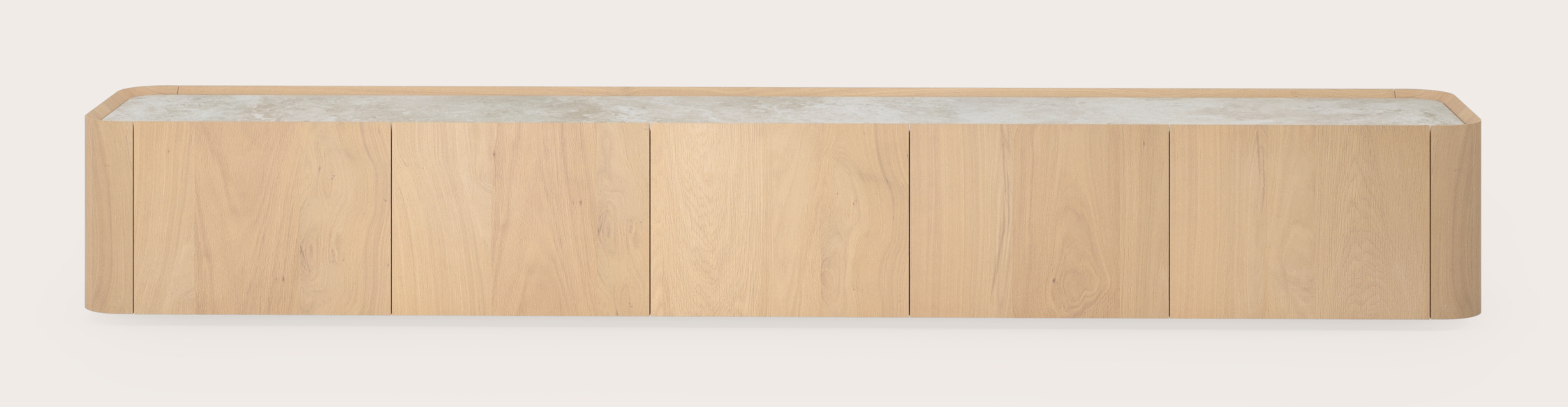 Curvato tv-meubel in natuurkleurige eik met volkeramisch Ceramo blad in kleur Rapolano 249 x 45 x 34 cm