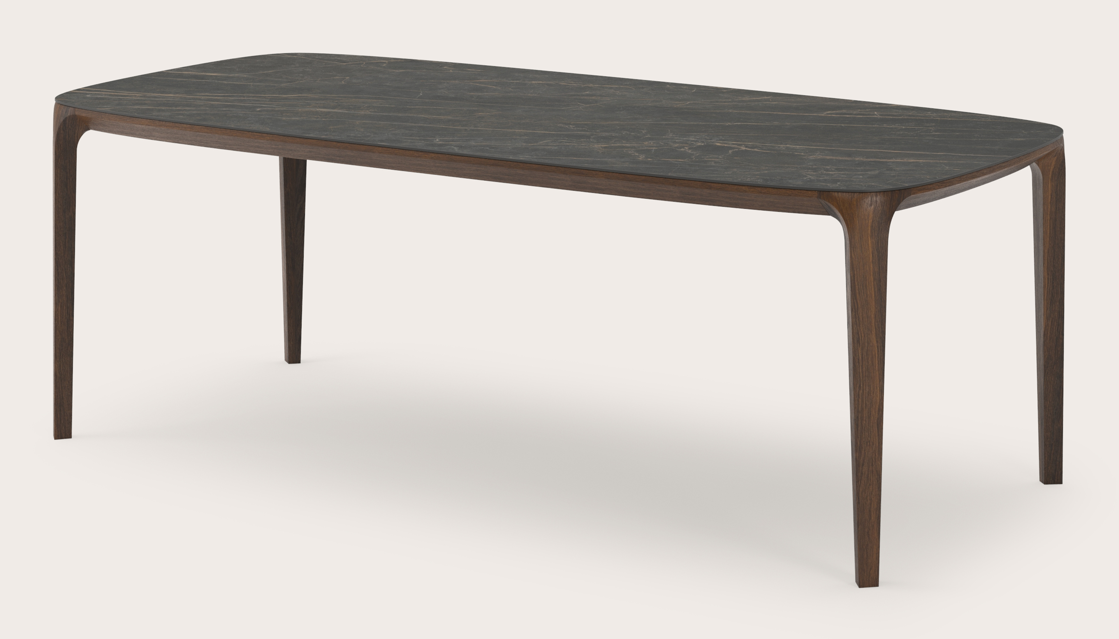 Eettafel Curvo onderstel in gerookte eik met bootvormig volkeramisch Ceramo blad in kleur Black Obsession 220 x 105 x 76 cm