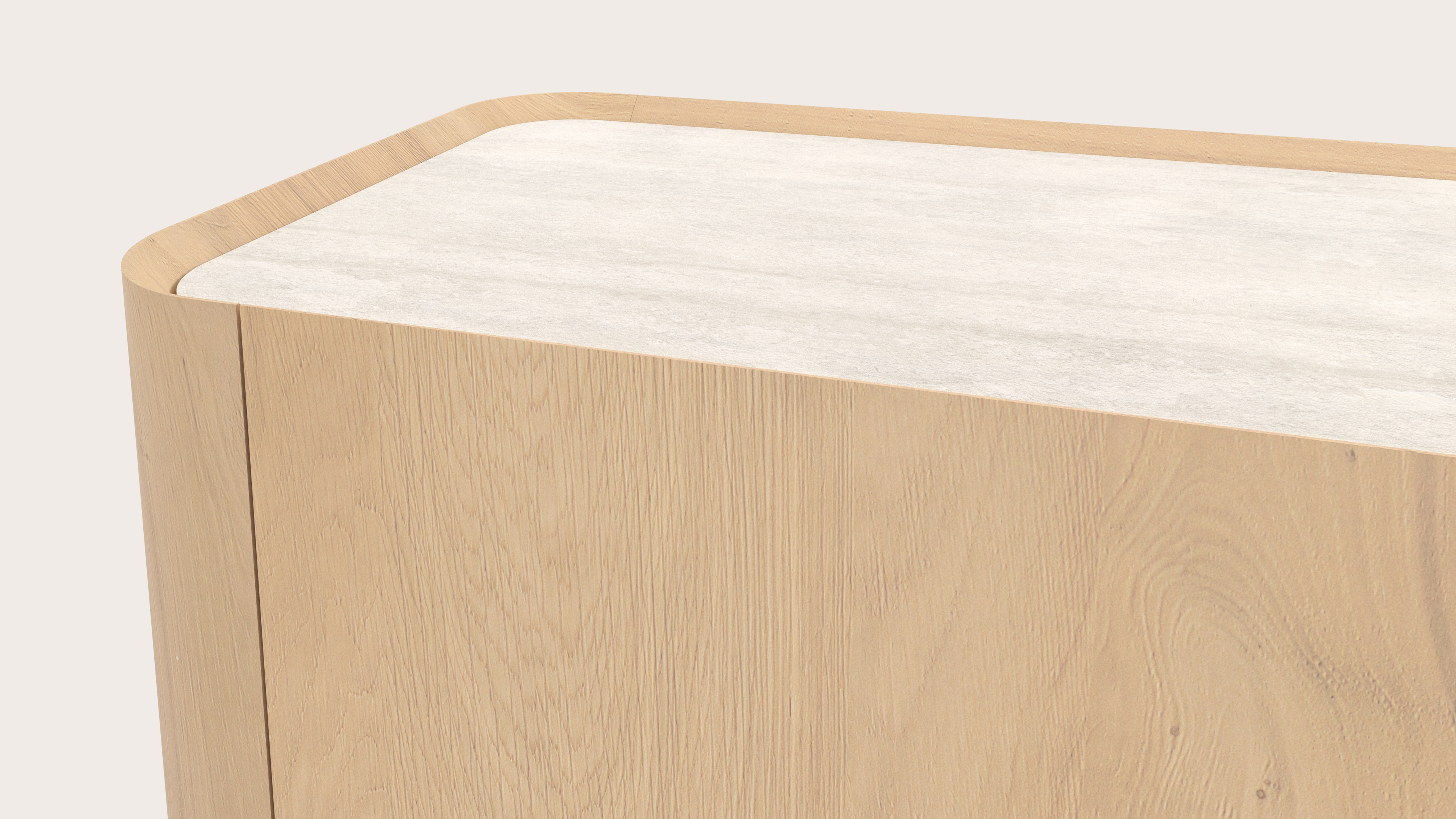 Meuble tv Curvato en chêne couleur naturelle avec pieds ronds en métal avec plateau Ceramo en céramique en couleur Travertino Bianco 269 x 45 x 52 cm