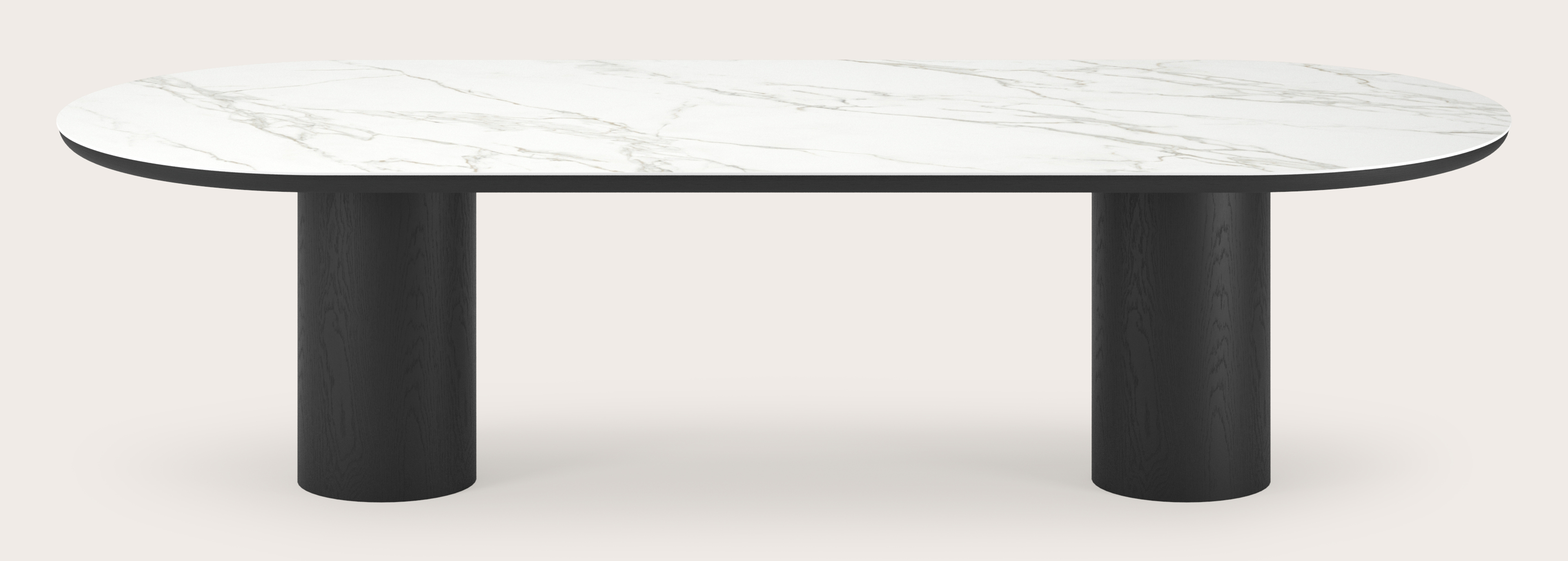 Table de salle à manger Amato Rondo armature en chêne noir avec plateau Ceramo ovale plat en céramique en couleur Calacatta 300 x 120 x 76 cm