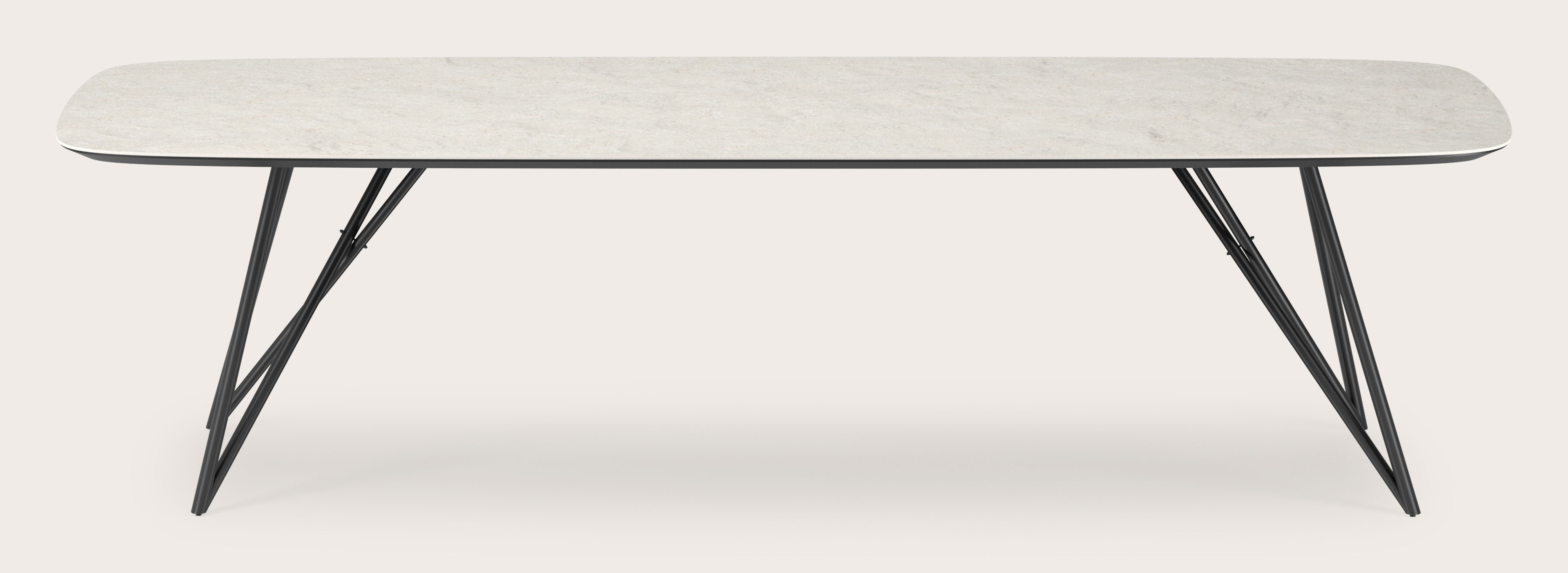 Eettafel Ragno onderstel in zwart metaal met bootvormig volkeramisch Ceramo blad in kleur Shilin 300 x 115 x 77 cm