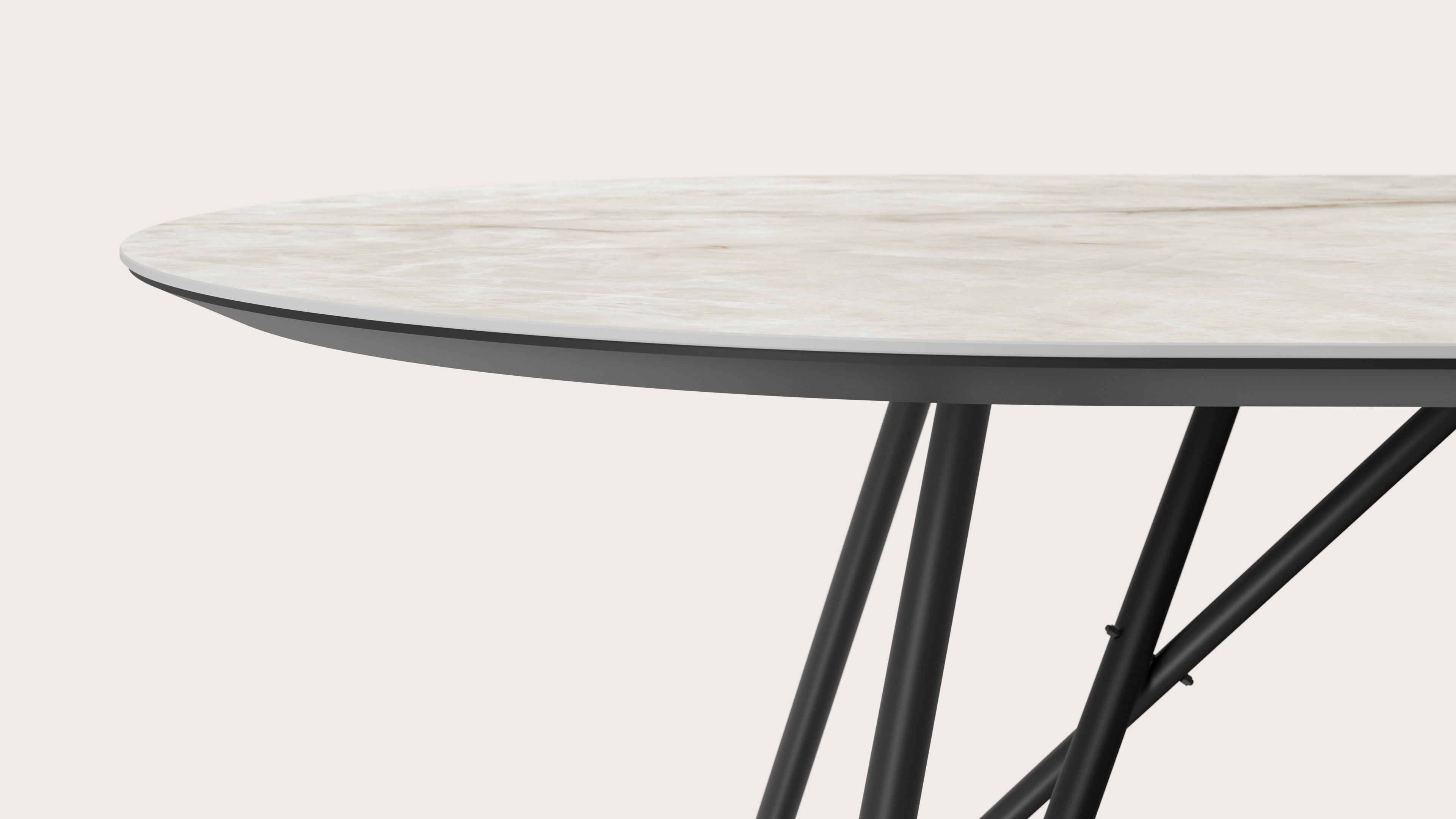 Eettafel Ragno onderstel in zwart metaal met plat ovaal volkeramisch Ceramo blad in kleur Himalaya 220 x 110 x 77 cm