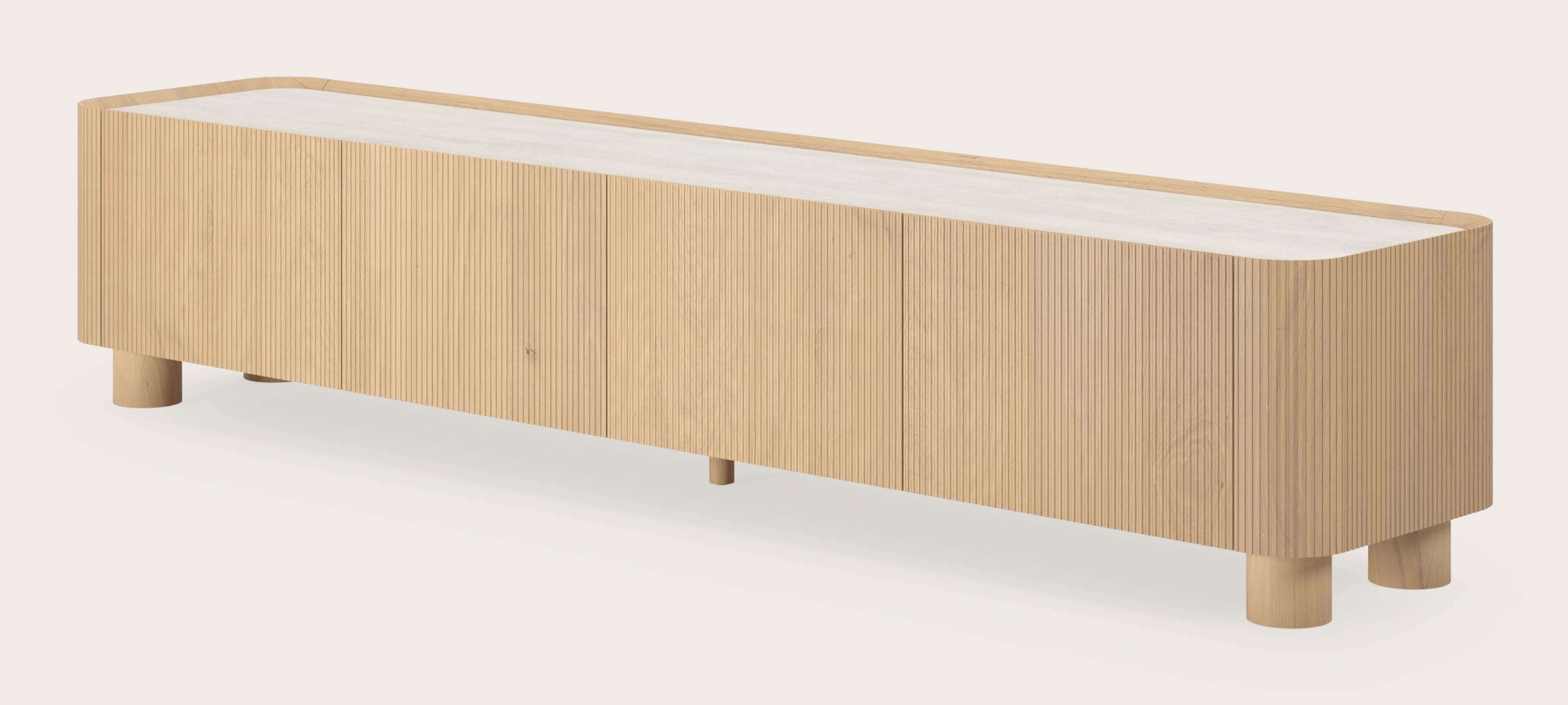 Grivato tv-meubel in natuurkleurige eik met ronde poten met volkeramisch Ceramo blad in kleur Travertino Bianco 219 x 45 cm