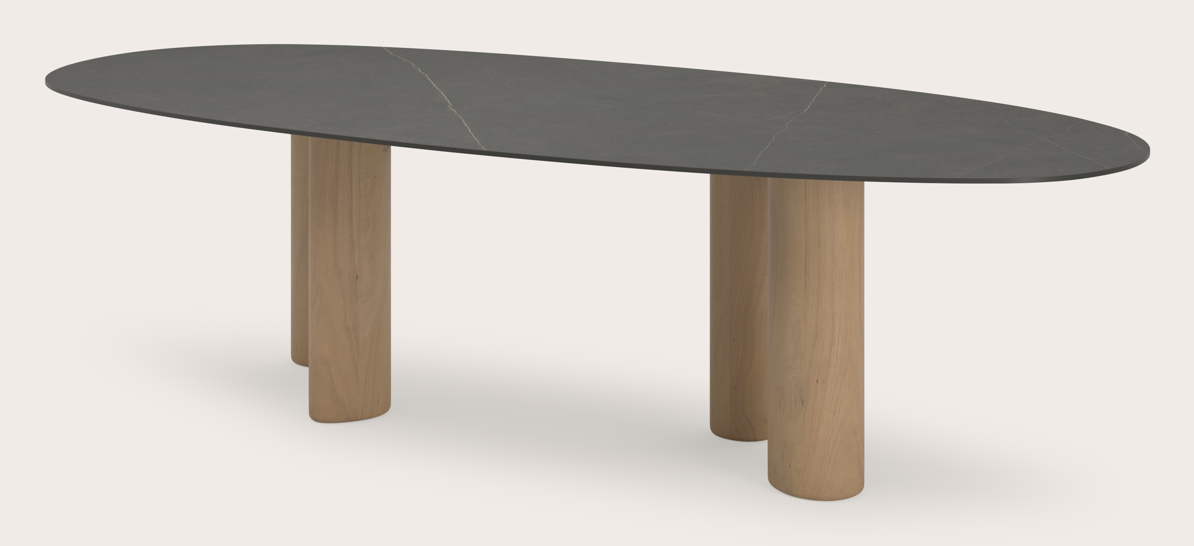 Table à manger Volanto armature en chêne naturel avec plateau ovale organique céramique Ceramo Lux en couleur Calatorao 300x135 cm