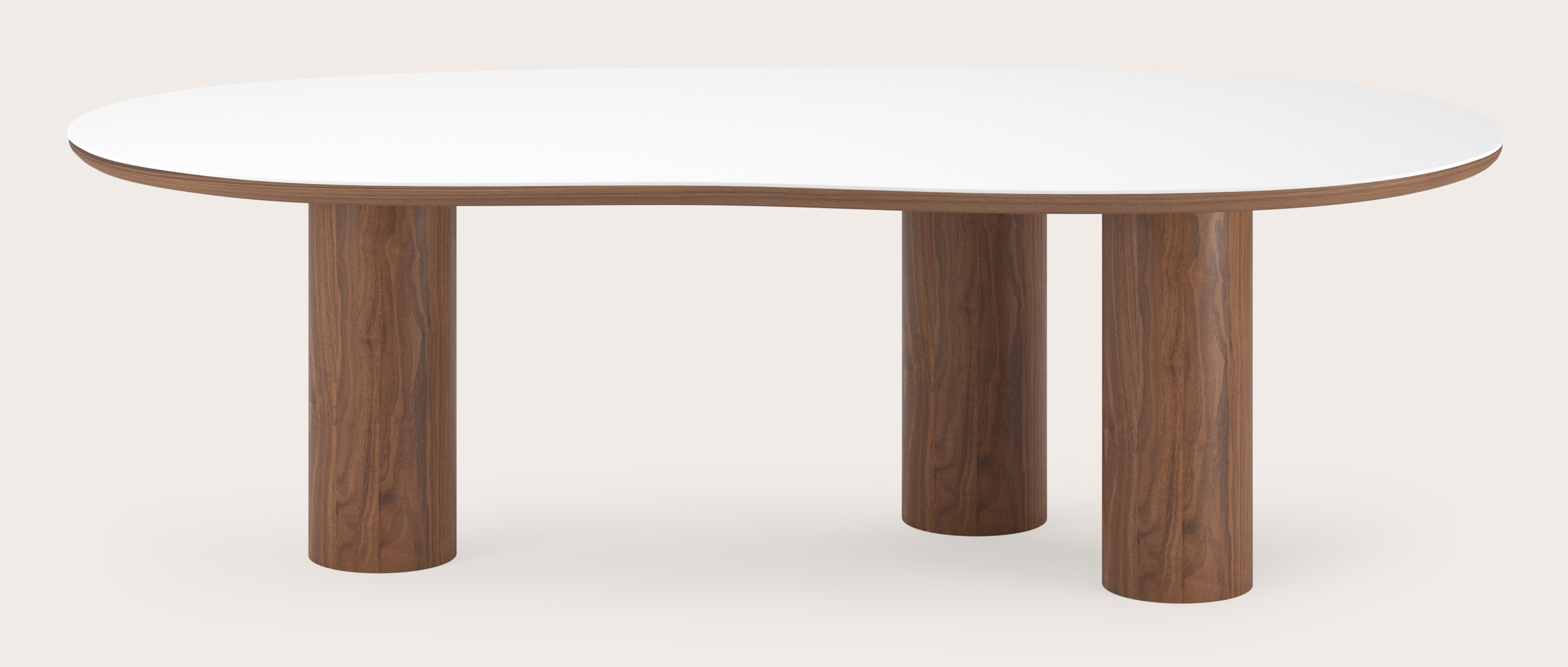 Table de salle à manger Amato Rondo armature en noyer avec plateau Ceramo forme blob en céramique en couleur Arctic White 260 x 117 x 77 cm
