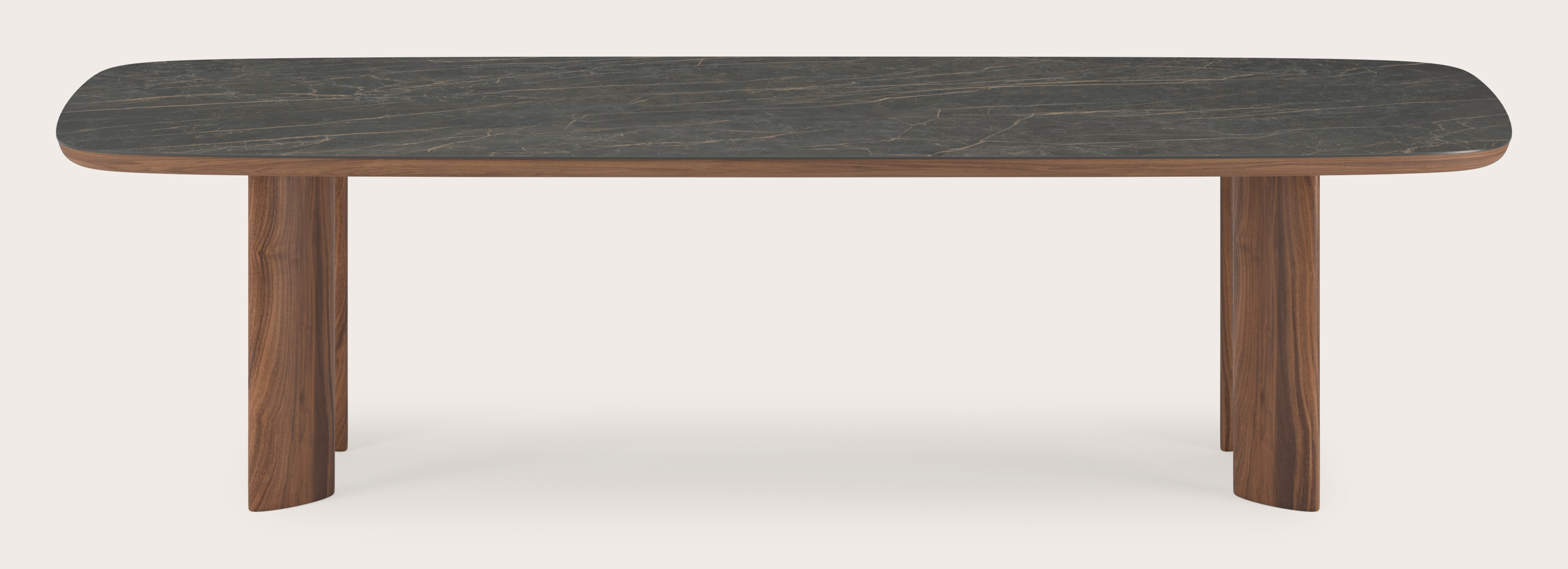 Eettafel Amato Ellipso onderstel in walnoot met bootvormig volkeramisch Ceramo blad in kleur Black Obsession 300 x 115 x 76 cm