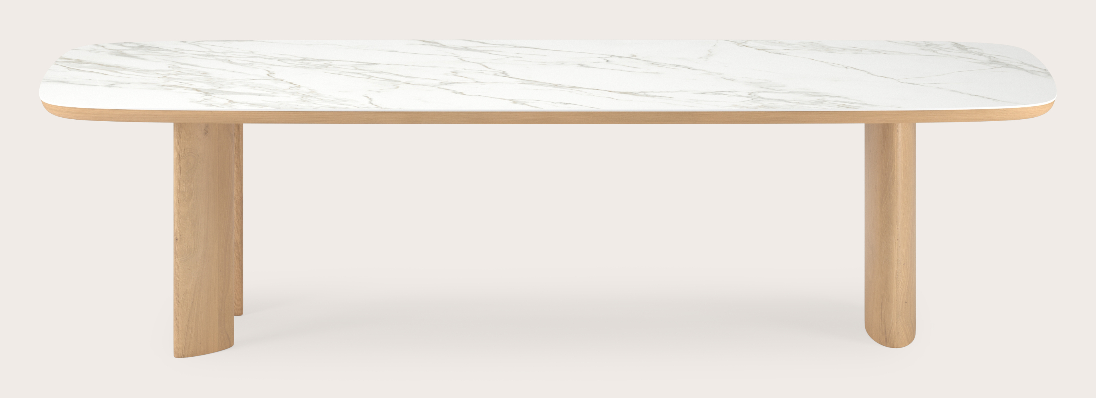 Eettafel Amato Ellipso onderstel in natuurkleurige eik met bootvormig volkeramisch Ceramo blad in kleur Calacatta 300 x 115 x 76 cm