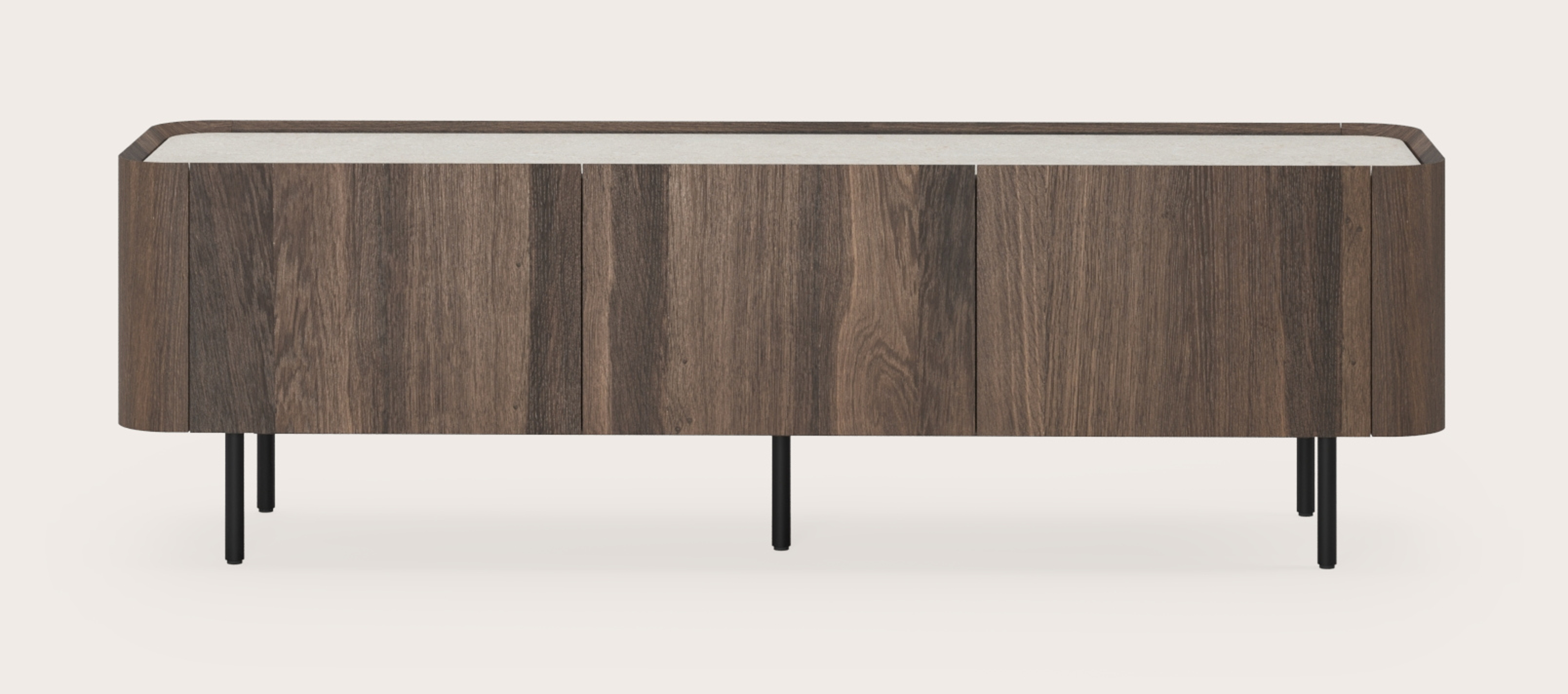Meuble tv Curvato en chêne fumé avec pieds ronds en métal avec plateau Ceramo en céramique en couleur Shilin 169 x 45 x 52 cm