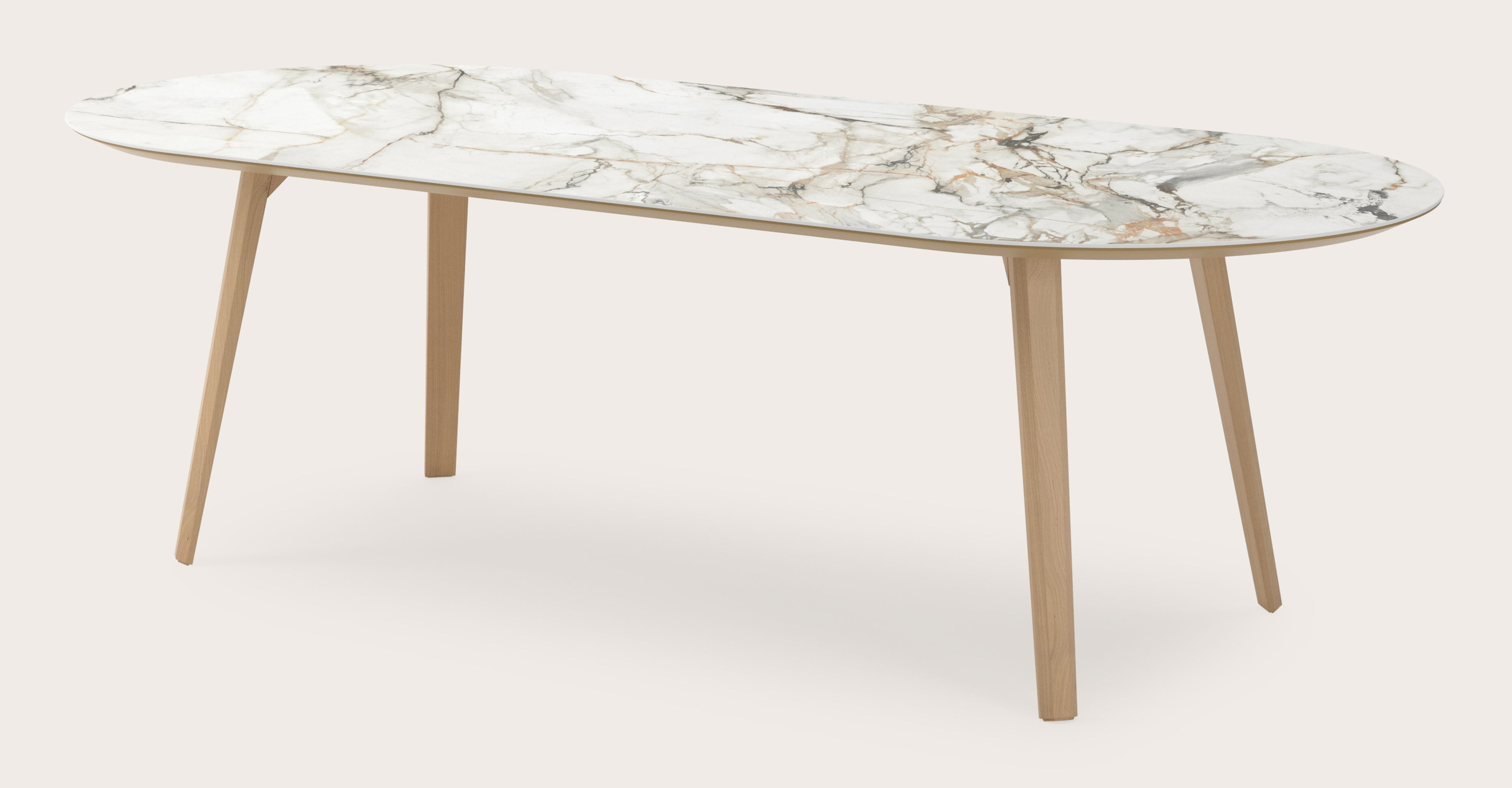Eettafel Clino onderstel in natuurkleurige eik met plat ovaal volkeramisch Ceramo blad in kleur Calacatta Luxe 260 x 115 x 77 cm