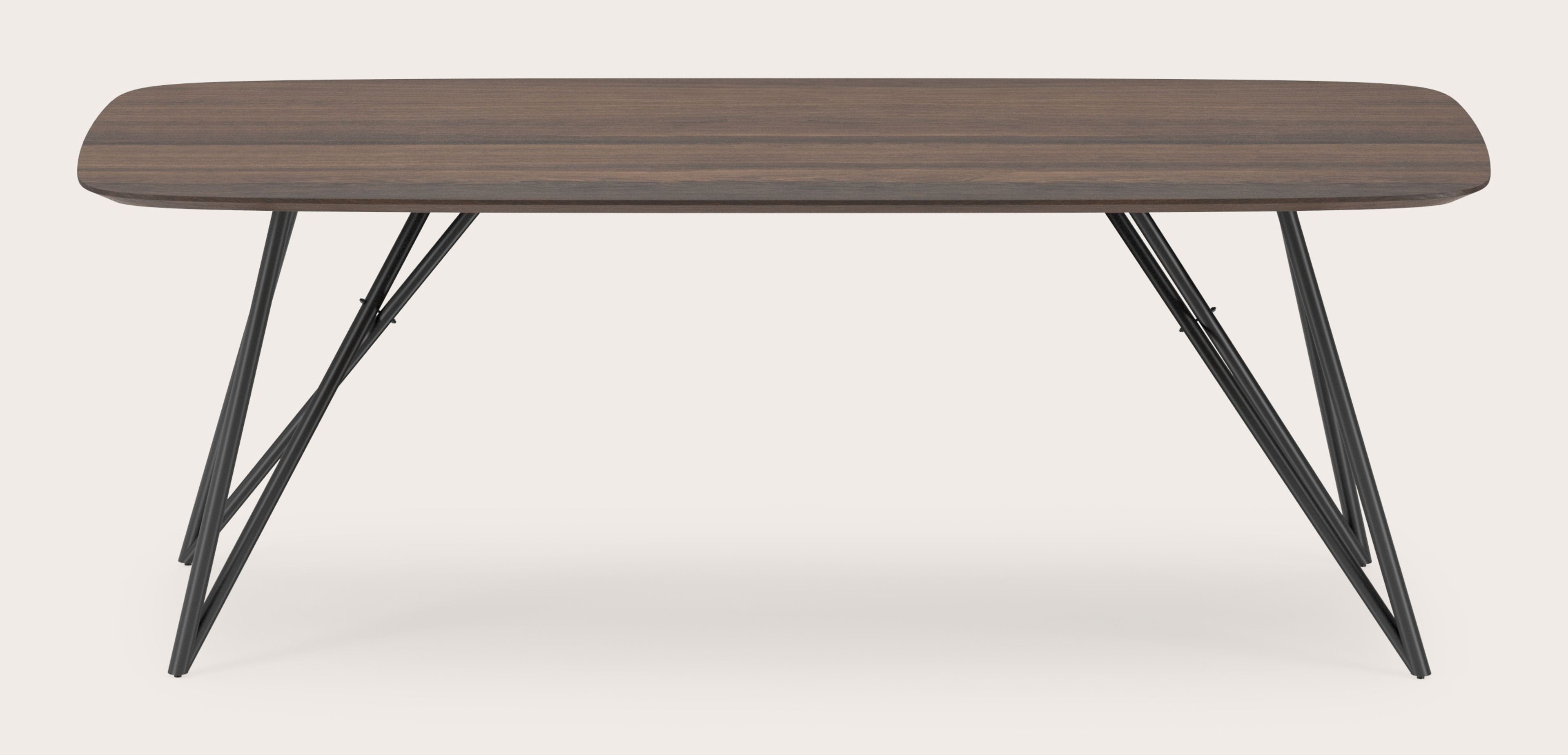 Table de salle à manger Ragno armature en métal noir avec plateau Finesso forme arrondie en chêne fumé 220 x 105 x 77 cm