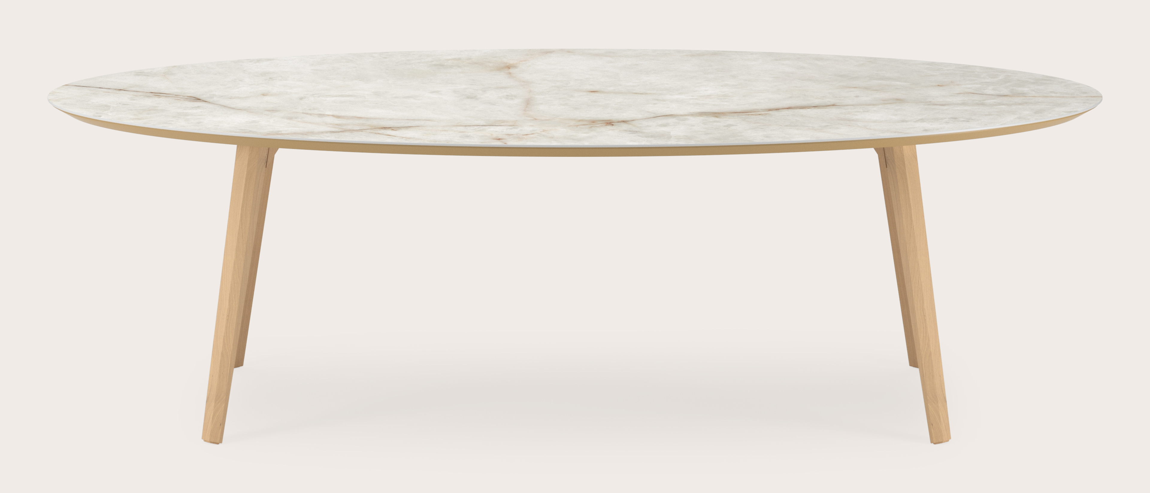Eettafel Clino onderstel in natuurkleurige eik met ovaal volkeramisch Ceramo blad in kleur Himalaya 260 x 130 x 77 cm