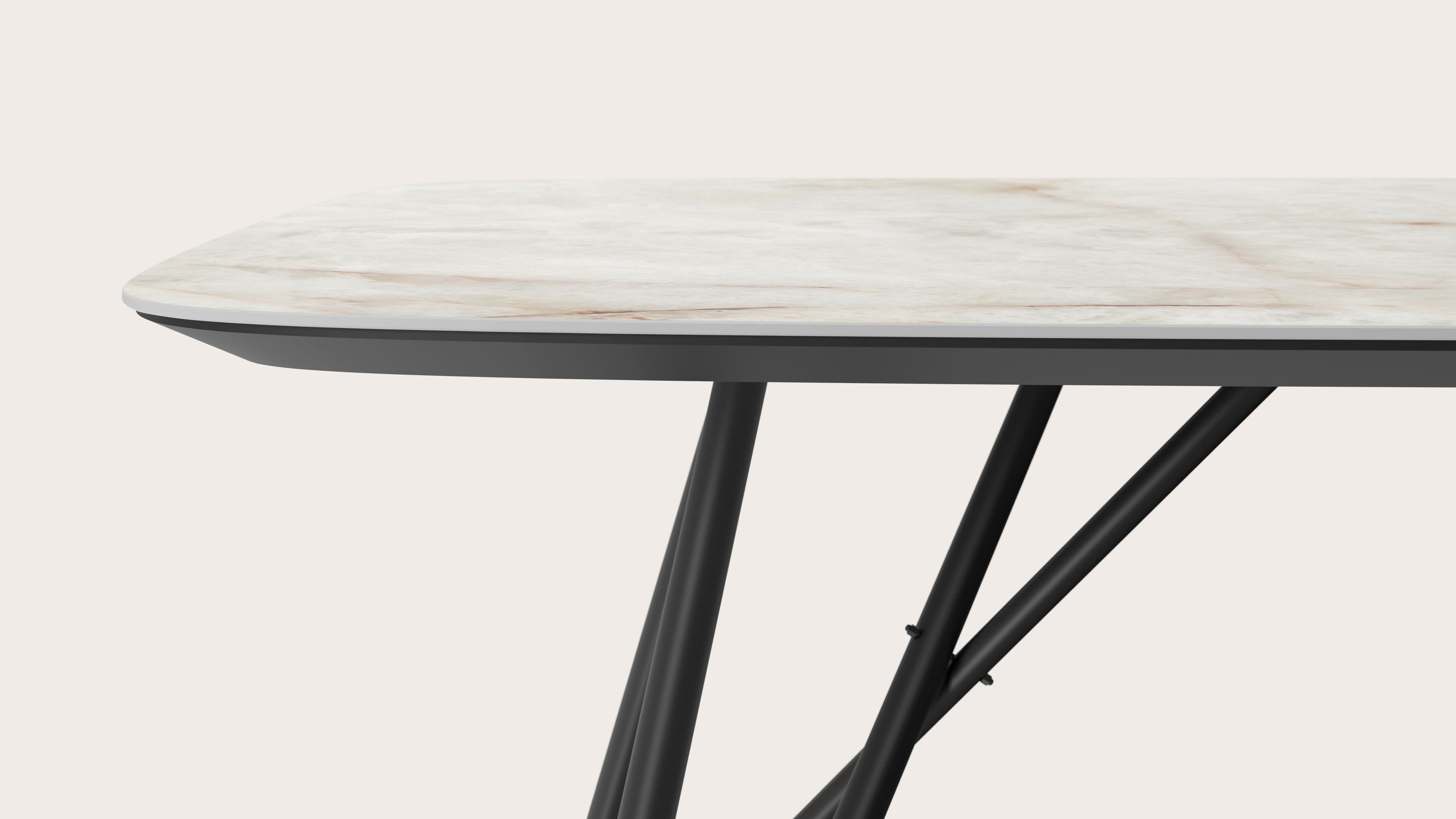 Eettafel Ragno onderstel in zwart metaal met bootvormig volkeramisch Ceramo blad in kleur Himalaya 180 x 100 x 77 cm