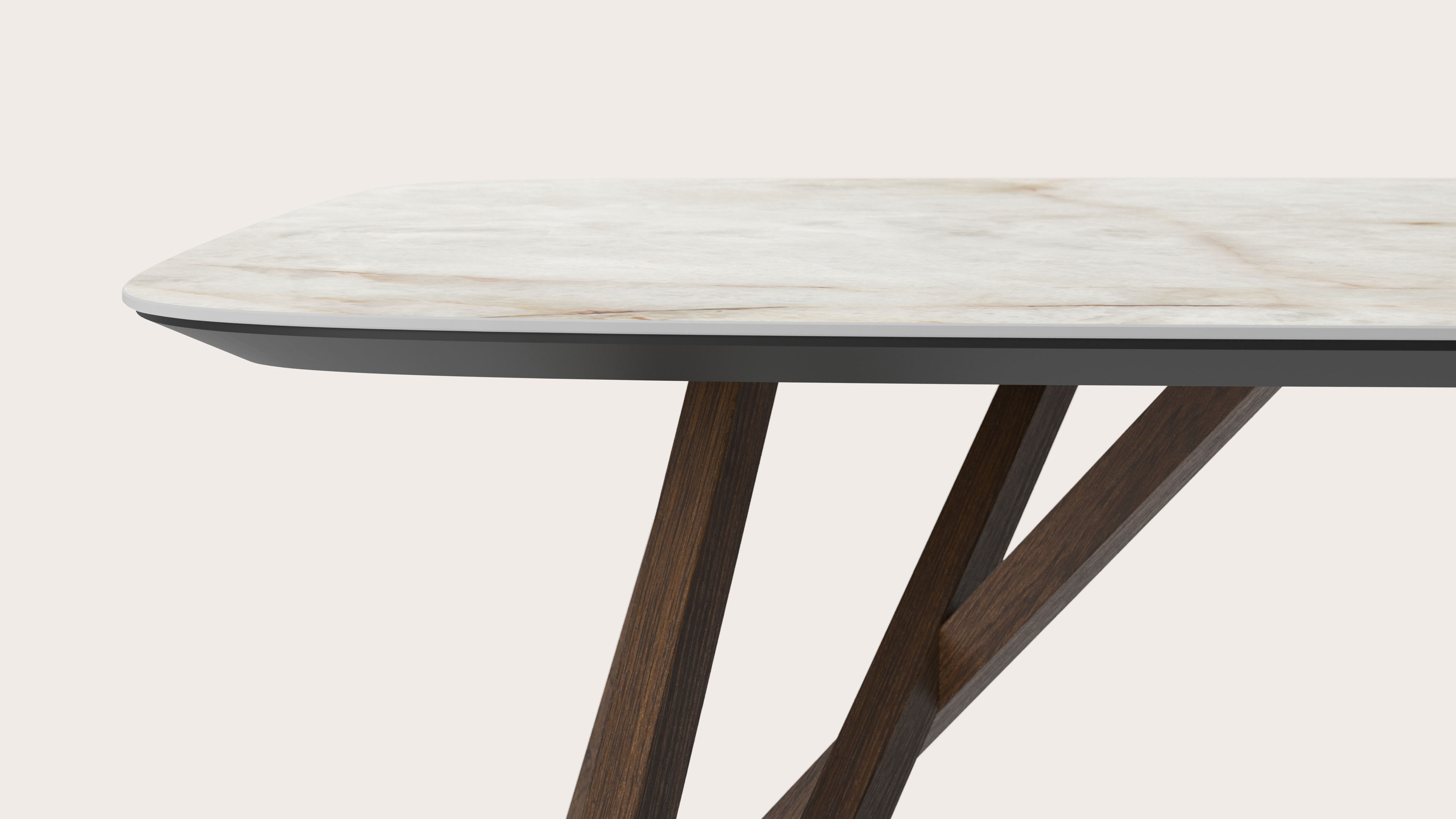 Table de salle à manger Ragno armature en chêne fumé avec plateau Ceramo forme arrondie en céramique en couleur Himalaya 180 x 100 x 77 cm