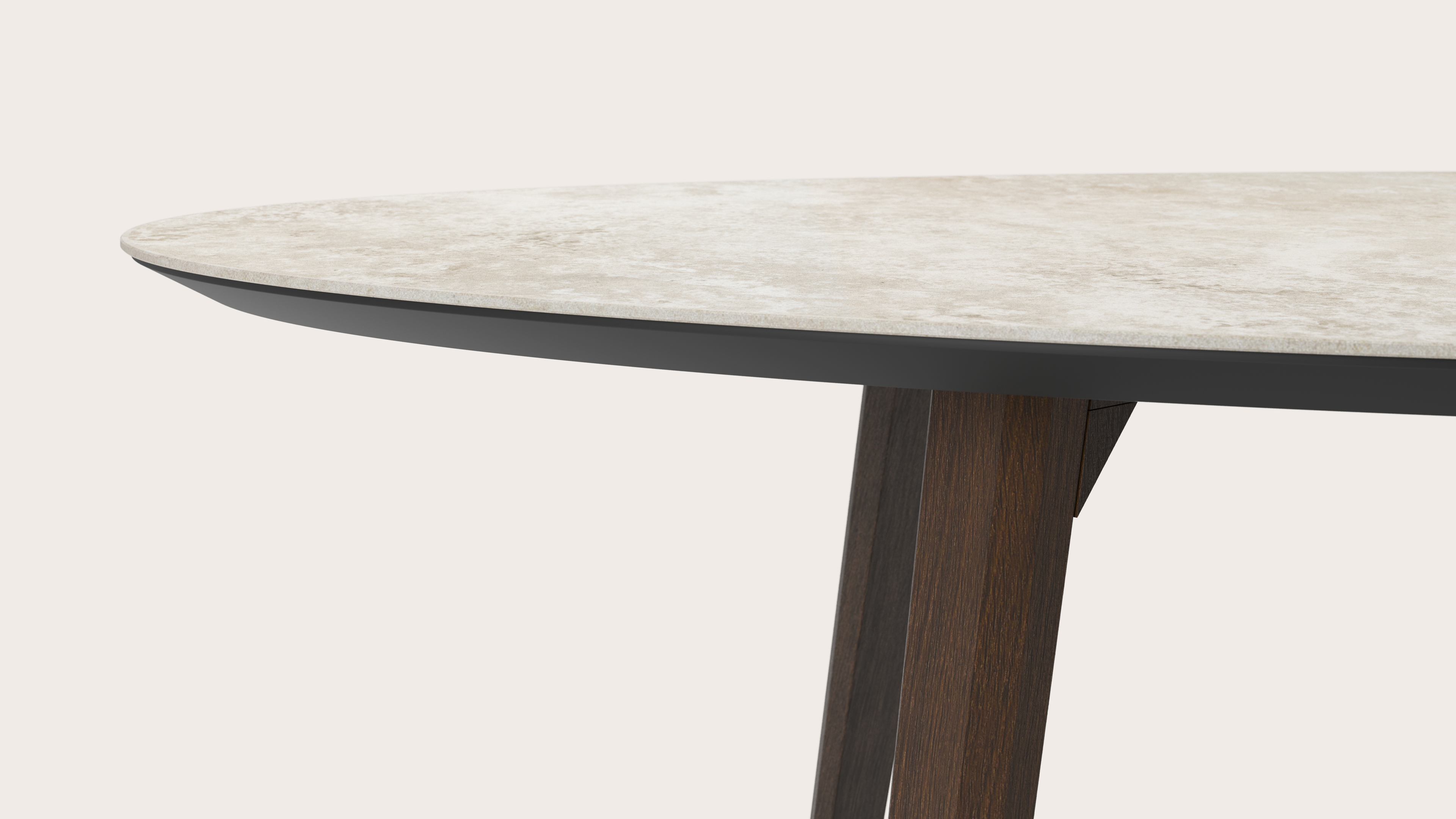 Eettafel Clino onderstel in gerookte eik met ovaal volkeramisch Ceramo blad in kleur Rapolano 220 x 120 x 77 cm