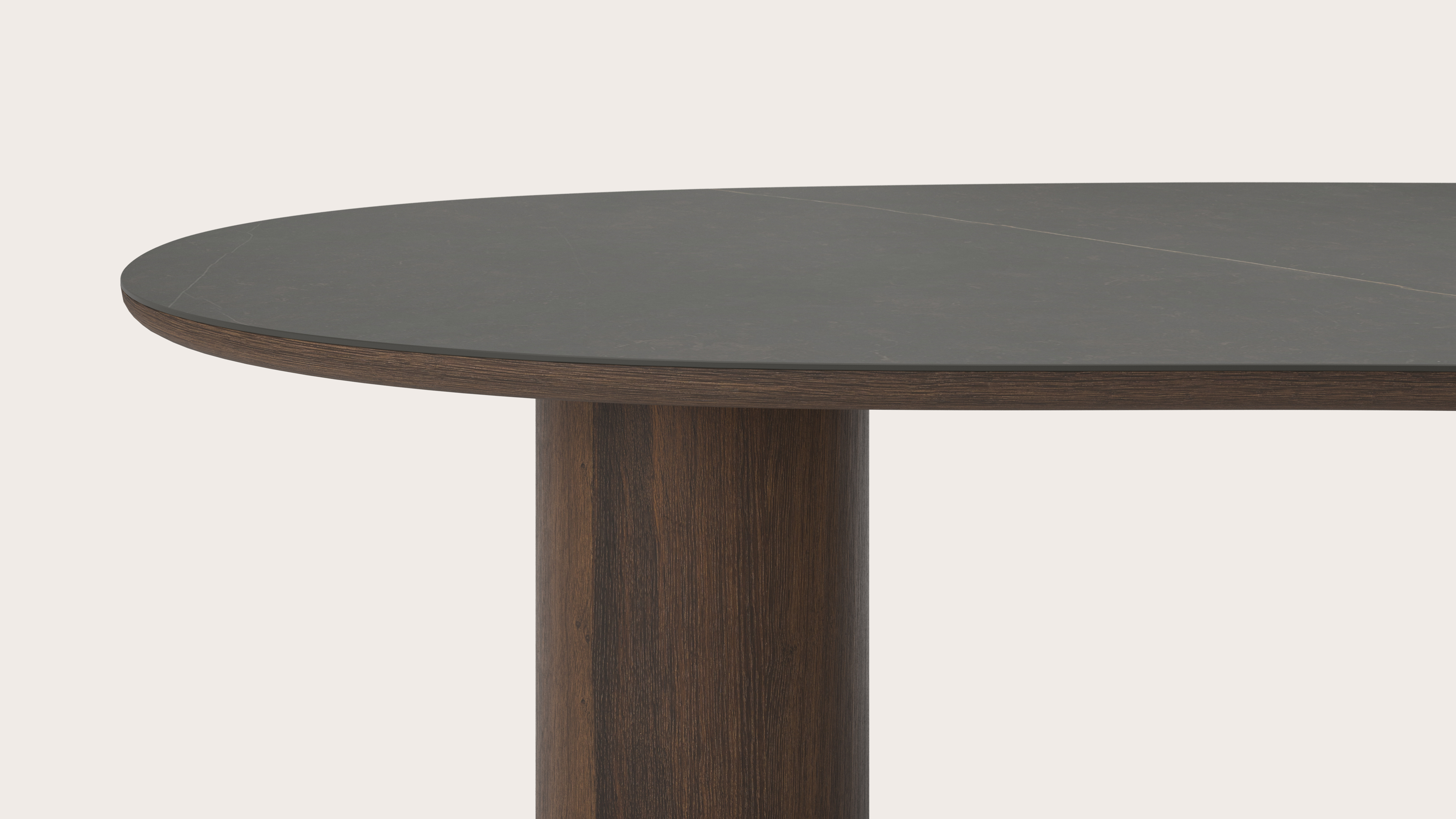 Eettafel Amato Rondo onderstel in gerookte eik met Blobvormig volkeramisch Ceramo blad in kleur Calatorao 300 x 122 x 77 cm