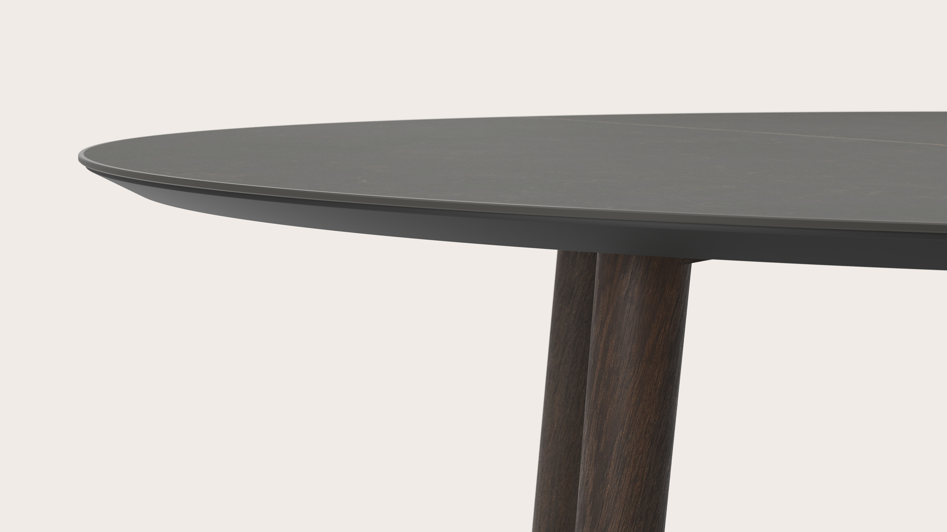 Eettafel Conico onderstel in gerookte eik met ovaal volkeramisch Ceramo blad in kleur Calatorao 220 x 120 x 77 cm