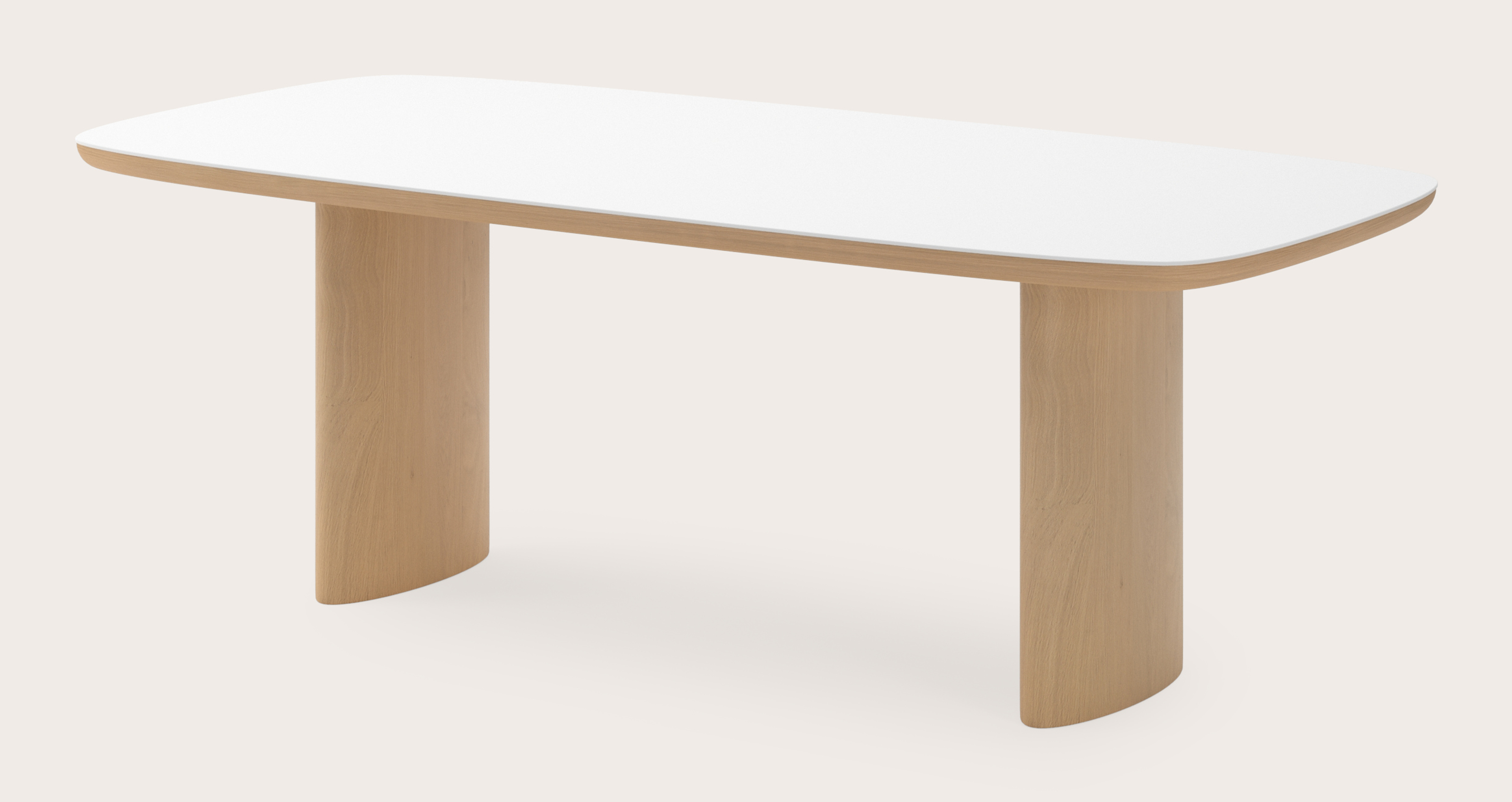 Table de salle à manger Amato Ellipso armature en chêne couleur naturelleavec plateau Ceramo forme arrondie en céramique en couleur Arctic White 220 x 105 x 76 cm