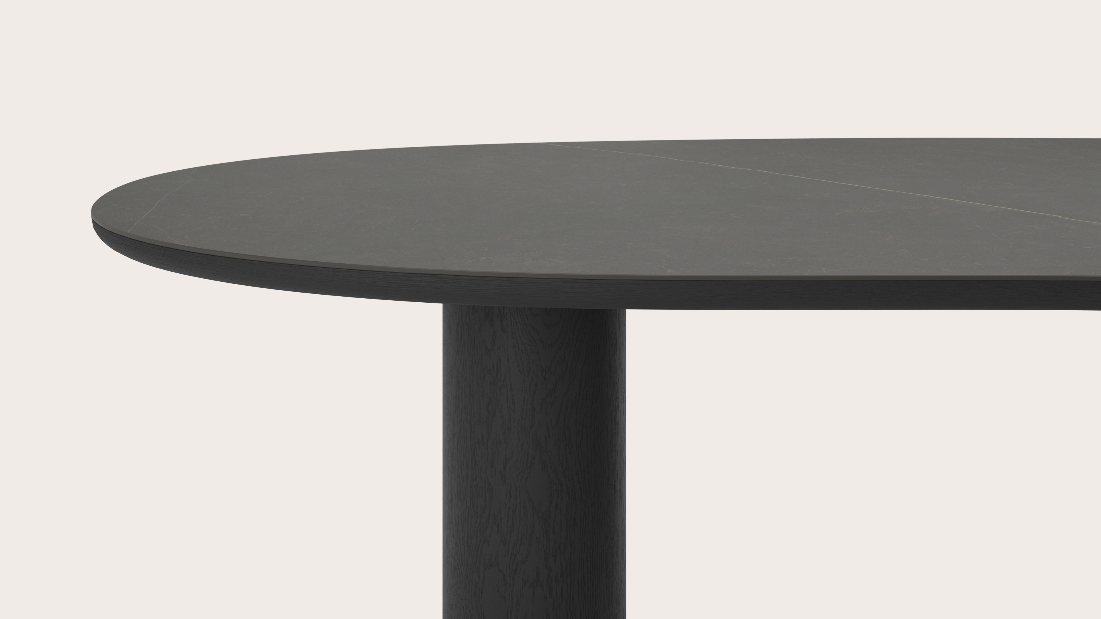 Table de salle à manger Amato Rondo armature en chêne noir avec plateau Ceramo forme blob en céramique en couleur Calatorao 300 x 122 x 77 cm