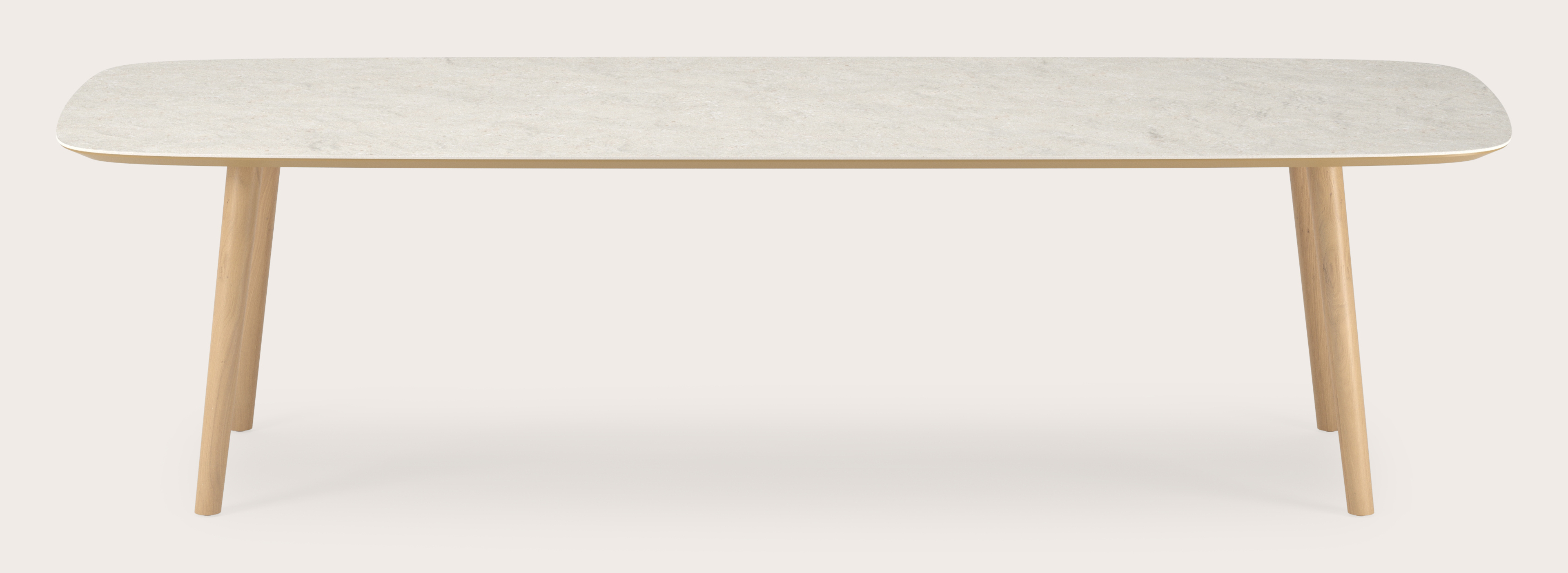 Eettafel Conico onderstel in natuurkleurige eik met bootvormig volkeramisch Ceramo blad in kleur Shilin 300 x 115 x 77 cm