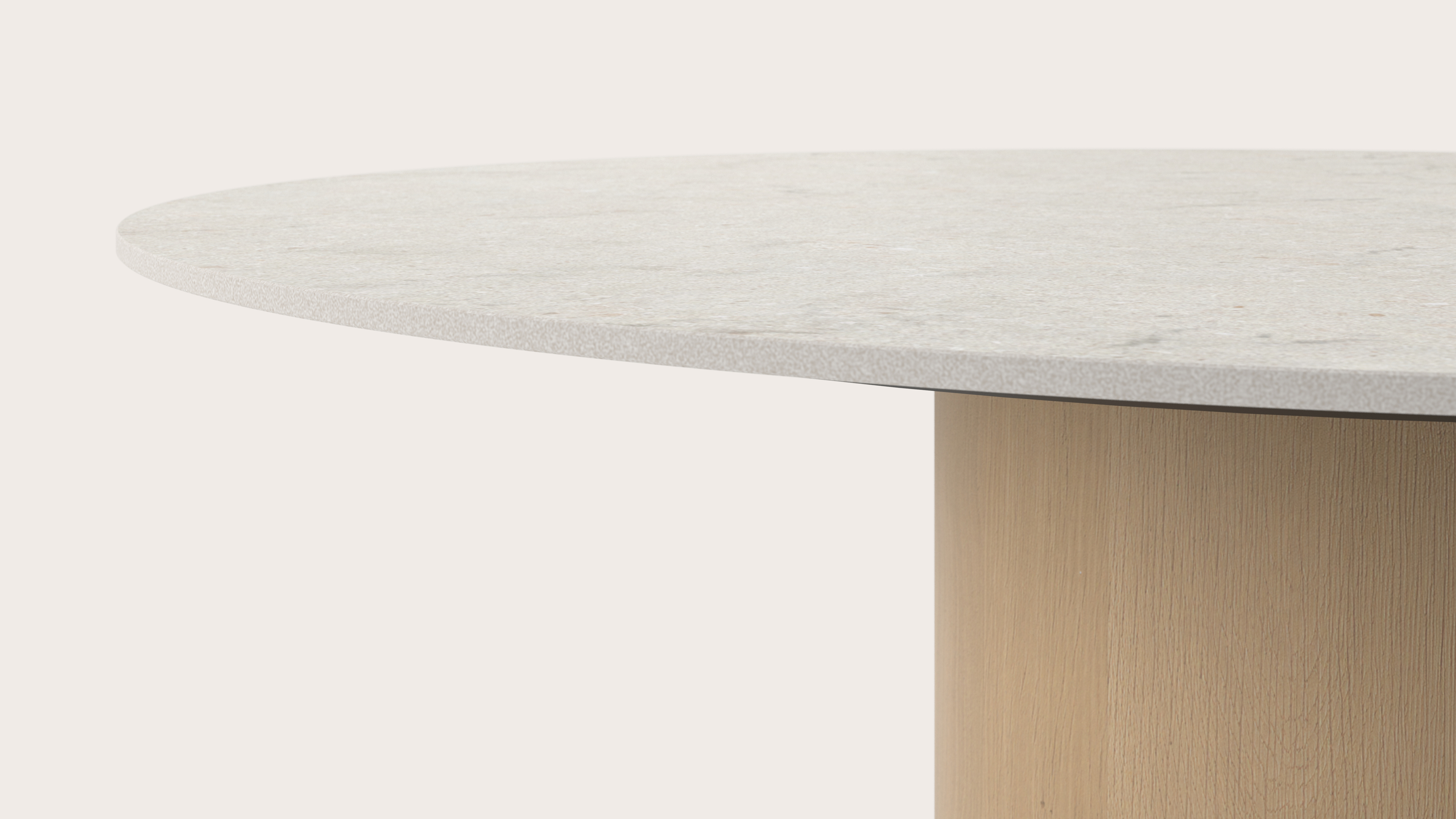 Eettafel low dining Amato Rondo onderstel in natuurkleurige eik met rond volkeramisch Ceramo Lux blad in kleur Shilin Ø140 x 69 cm