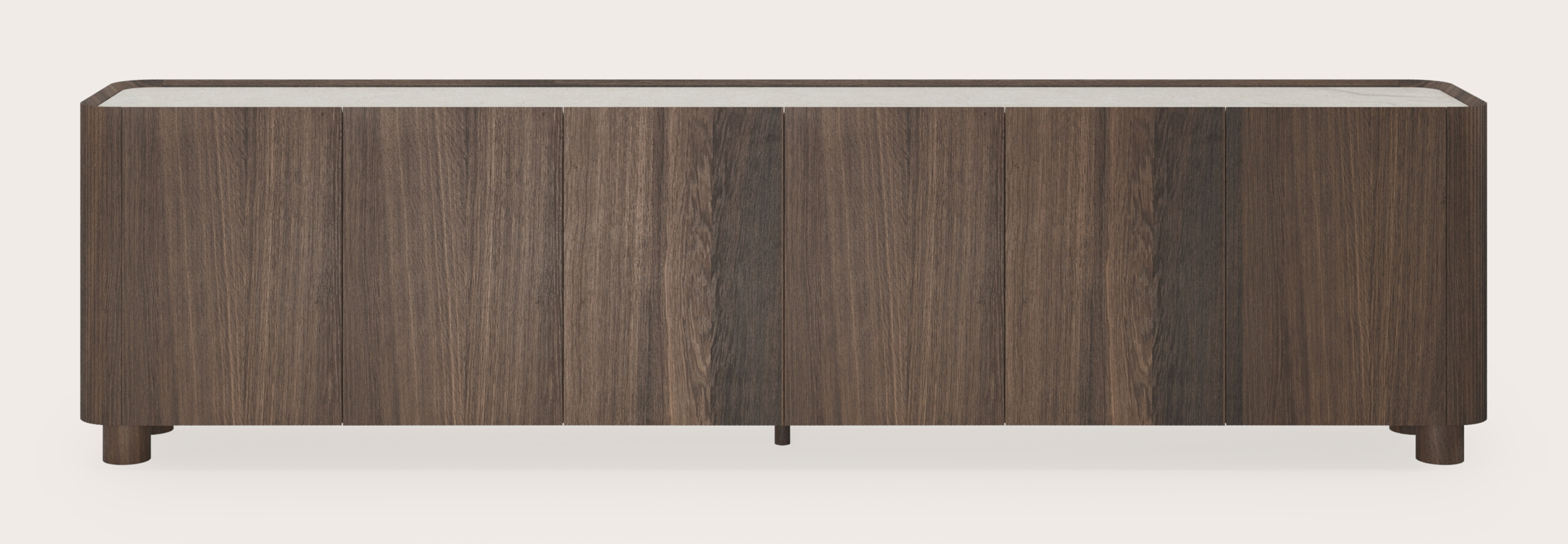 Grivato dressoir in gerookte eik met ronde houten poten met volkeramisch Ceramo blad in kleur Shilin 294 x 45 x 76 cm