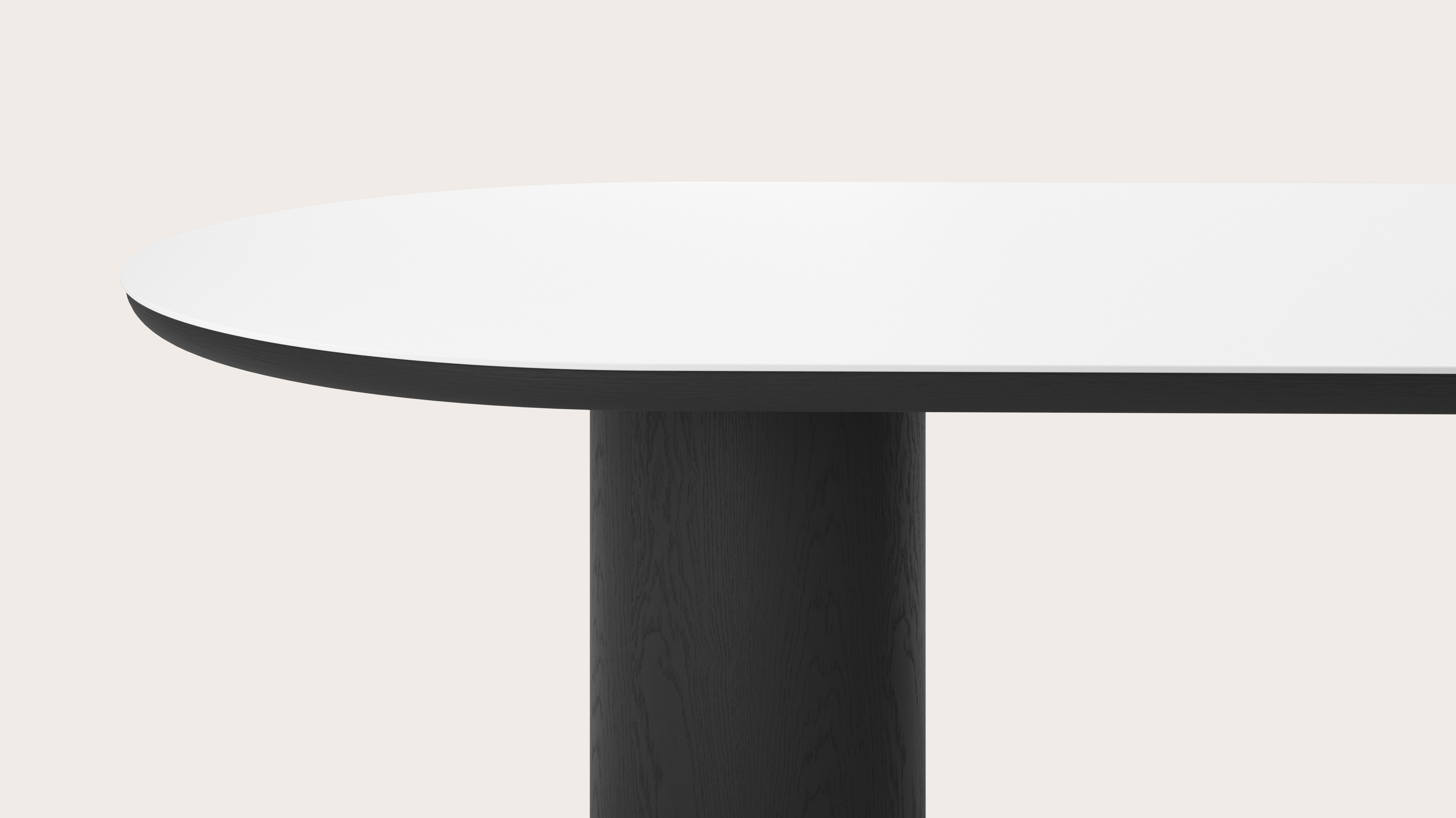 Eettafel Amato Rondo onderstel in zwarte eik met plat ovaal volkeramisch Ceramo blad in kleur Arctic White 300 x 120 x 76 cm