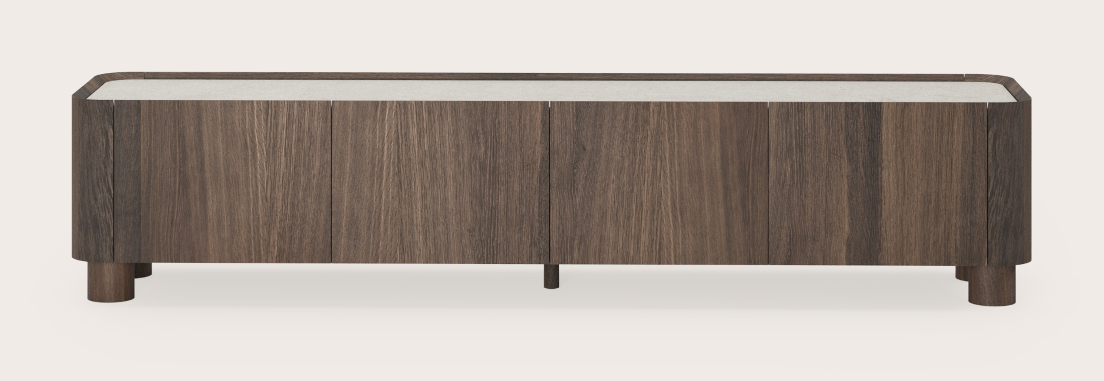 Meuble tv Curvato en chêne fumé avec pieds ronds en bois avec plateau Ceramo en céramique en couleur Shilin 203 x 45 x 44 cm