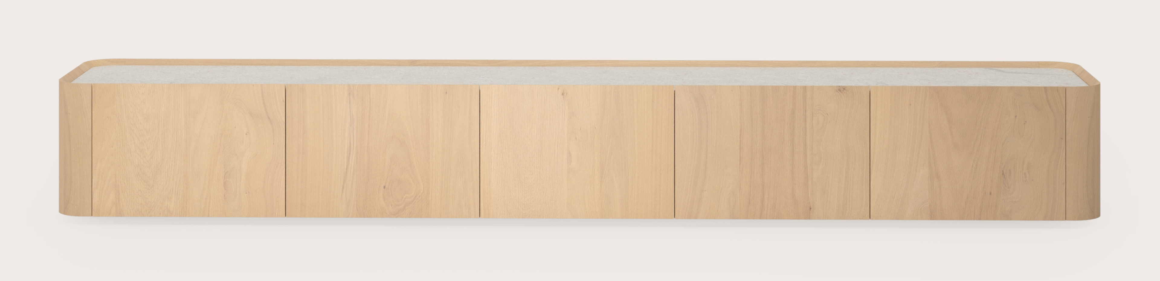 Meuble tv Curvato en chêne couleur naturelle avec plateau Ceramo en céramique en couleur Shilin 269 x 45 x 34 cm