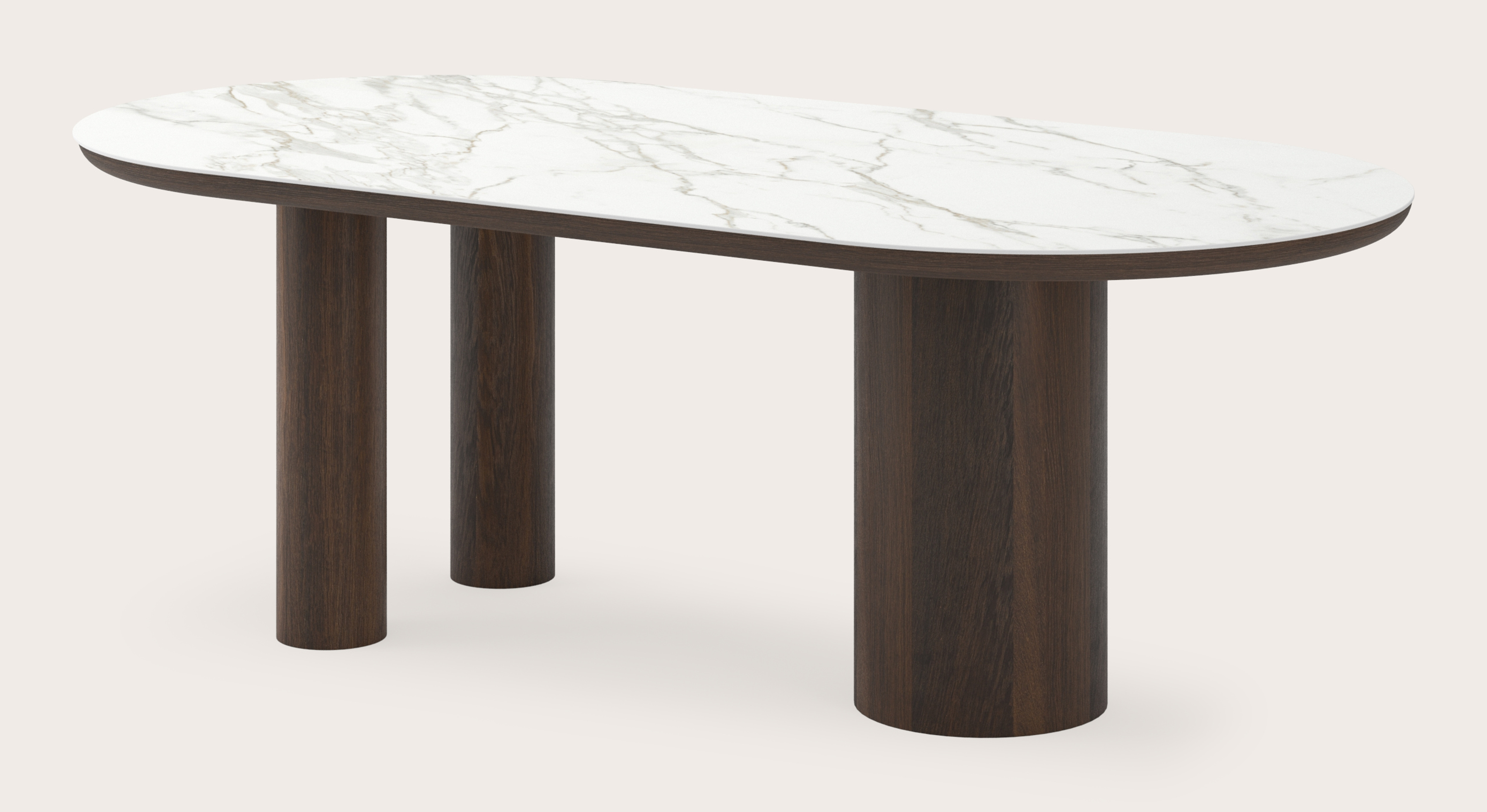 Eettafel Amato Rondo onderstel in gerookte eik met plat ovaal volkeramisch Ceramo blad in kleur Calacatta 220 x 110 x 76 cm