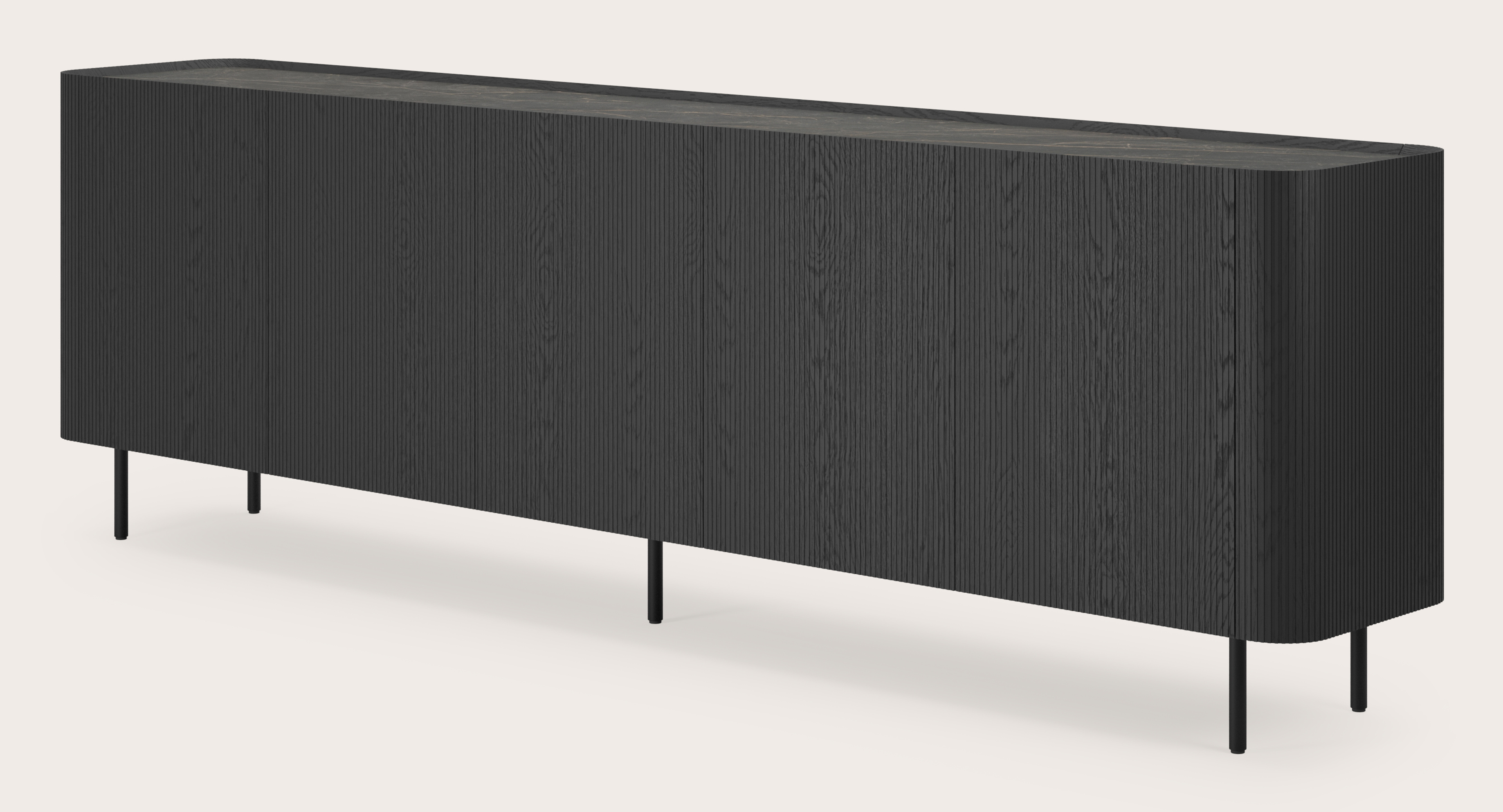 Buffet Grivato en chêne noir avec pieds ronds avec plateau Ceramo rond en céramique en couleur Black Obsession 269 x 45 cm