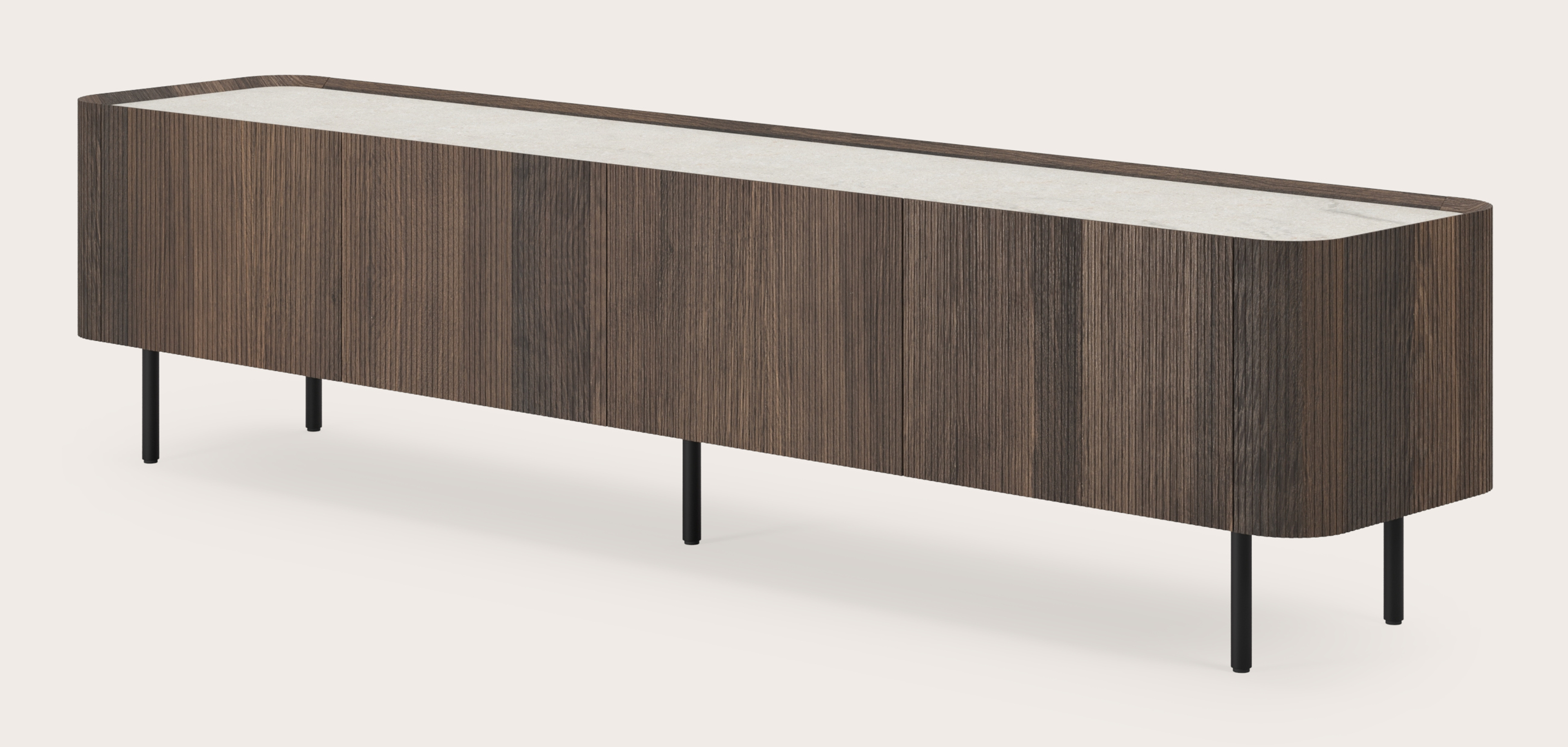 Grivato tv-meubel in gerookte eik met ronde poten met volkeramisch Ceramo blad in kleur Shilin 219 x 45 cm