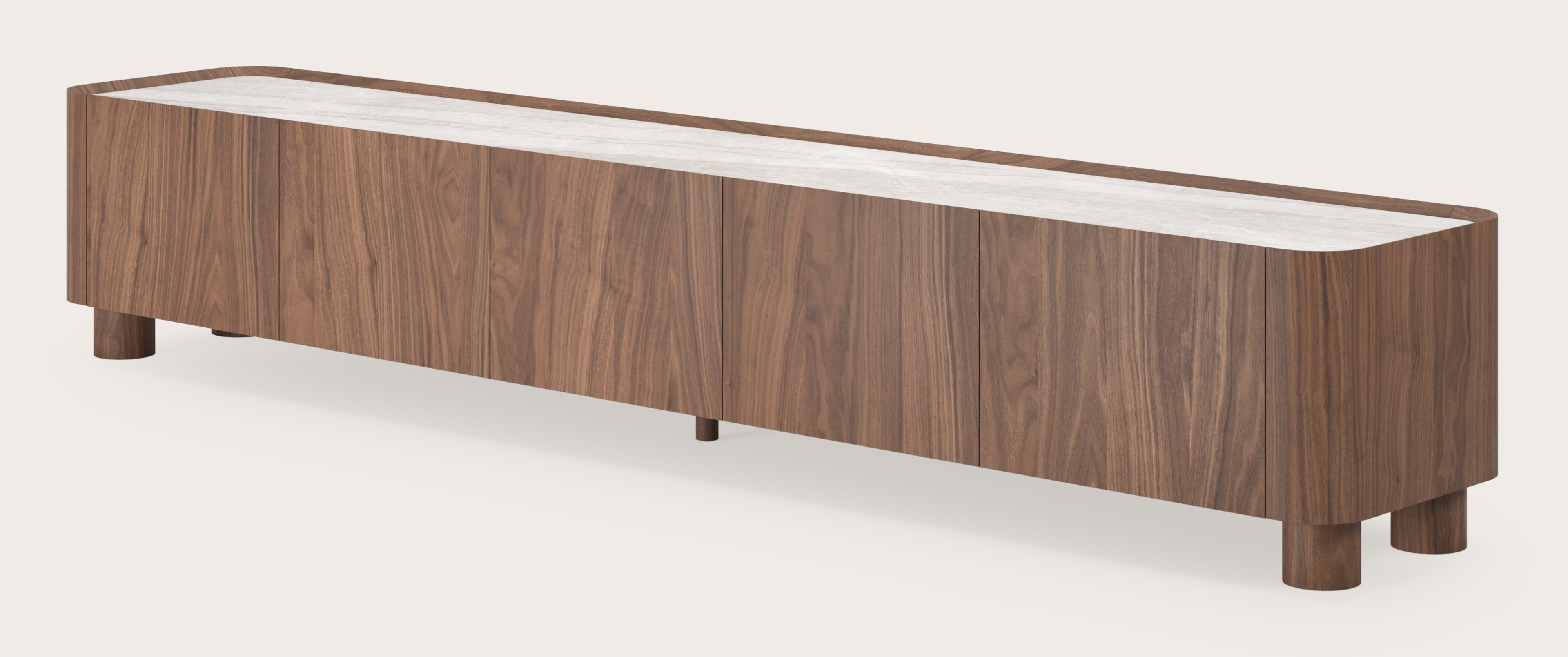 Meuble tv Curvato en noyer avec pieds ronds en bois avec plateau Ceramo en céramique en couleur Taj Mahal 249 x 45 x 44 cm