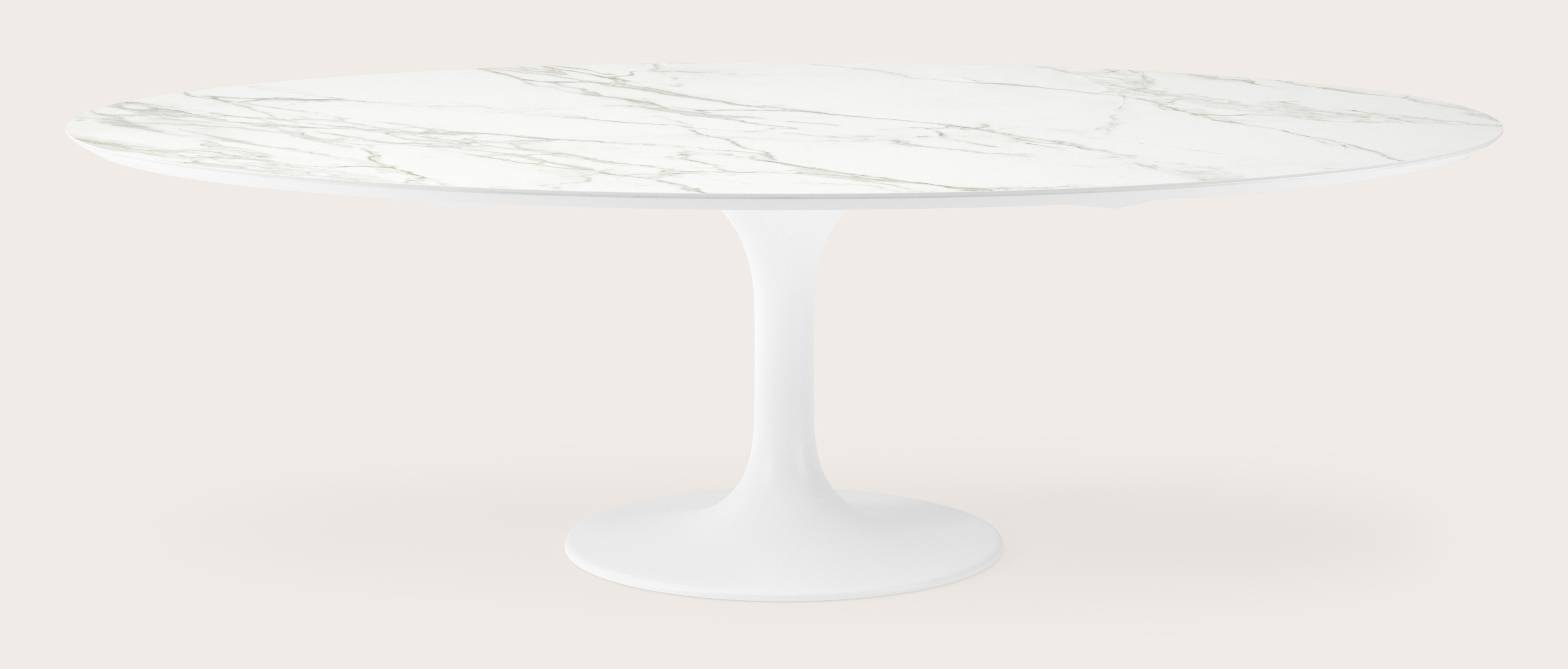 Eettafel Tulipo onderstel in wit metaal met ovaal volkeramisch Ceramo blad in kleur Calacatta 260 x 130 x 77 cm
